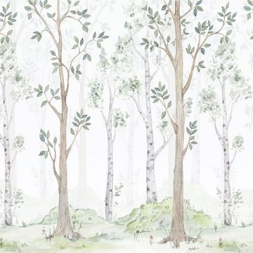 Unik Nordic Kindertapete Vliestapete Birkenwald Aquarell (250/280/300 cm Höhe) #1017, glatt, grafisch, (Komplettsatz für eine Wand, Vlies, Fototapete, ausdünstungsfreier Druck), Geeignet für alle typischen Oberflächen. Auch Decken oder Schrägen.