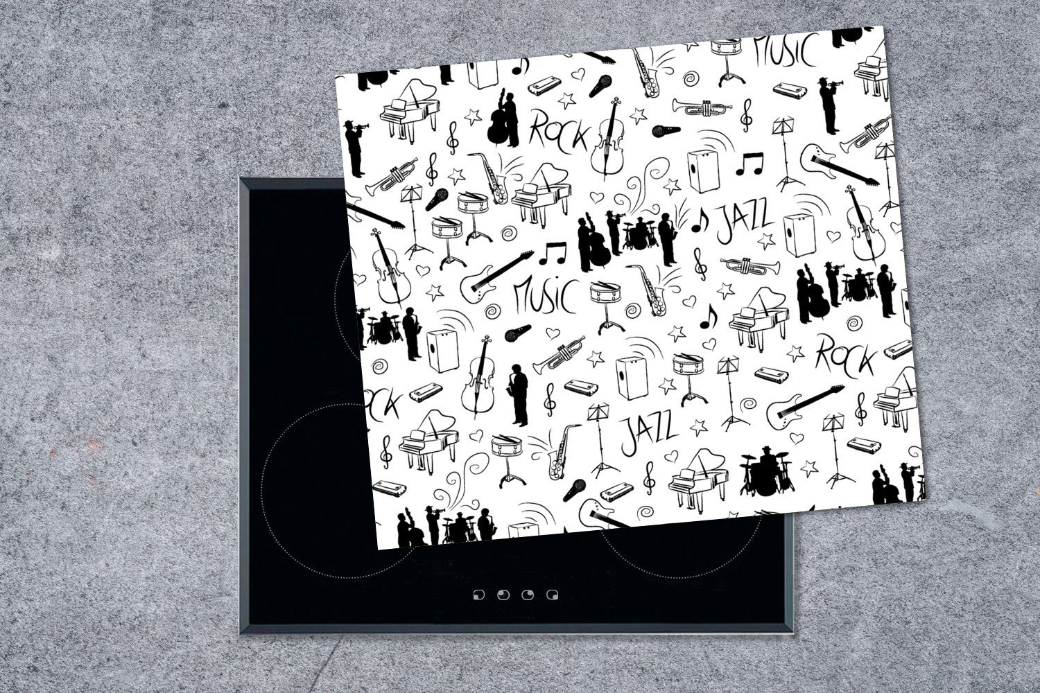 Weiß, Herdblende-/Abdeckplatte Arbeitsfläche Schwarz - (1 - tlg), Mobile Ceranfeldabdeckung Musik 60x52 MuchoWow cm, Vinyl, Muster nutzbar, und