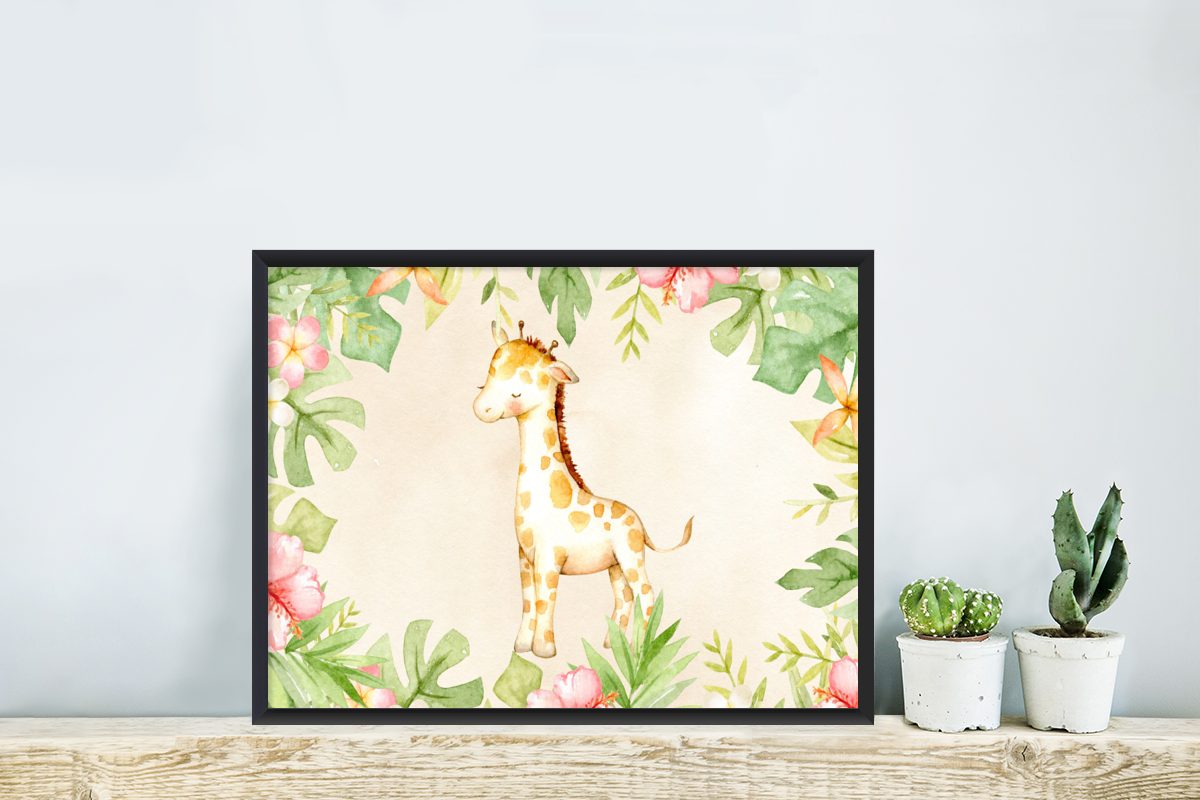 Poster Wanddeko, Giraffe - MuchoWow Schwarzem - Dschungel, Aquarellfarbe - Blumen (1 Poster, Bilderrahmen St), Bilder, Gerahmtes Wandposter,