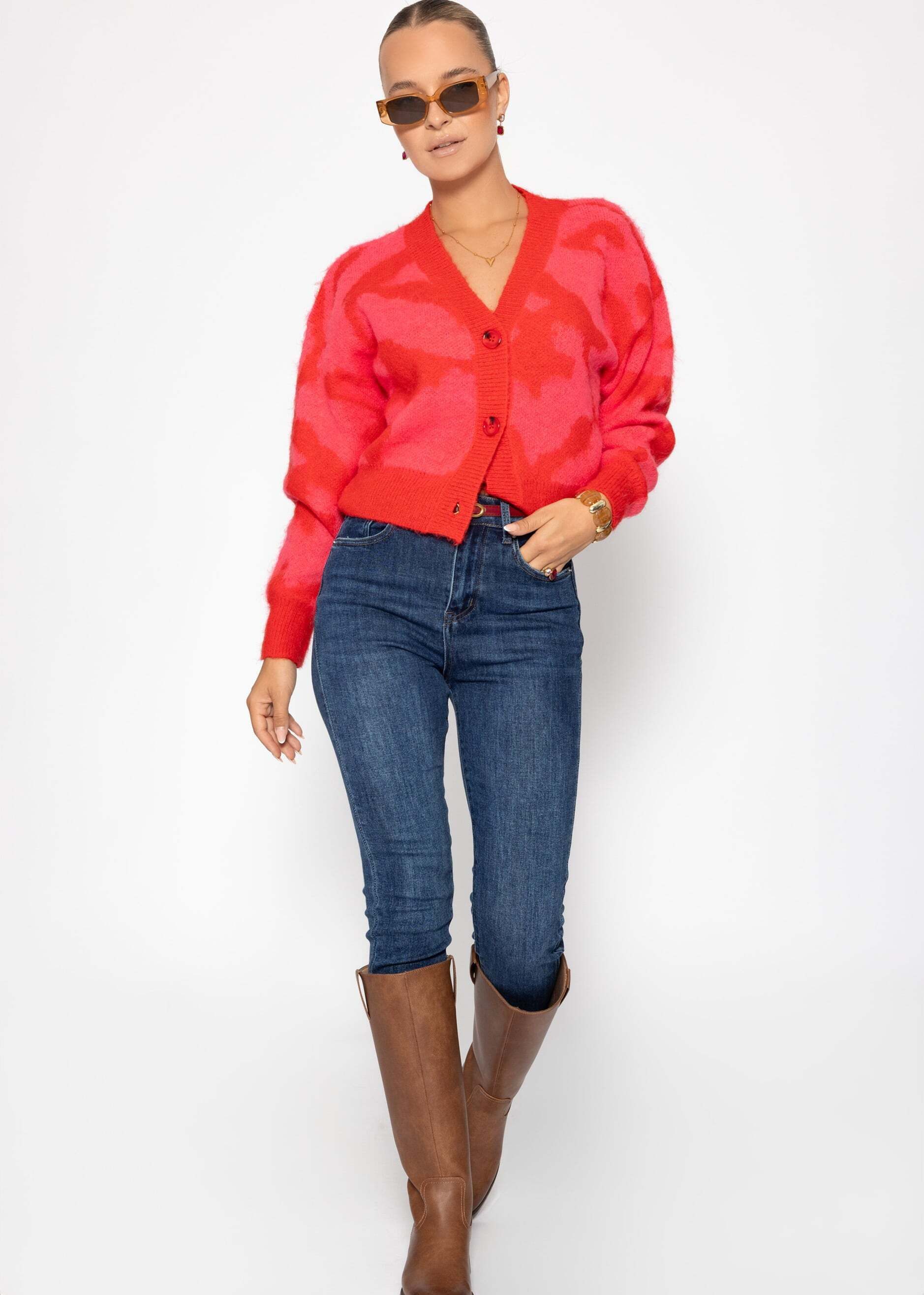 SASSYCLASSY Cardigan Cardigan mit Animal-Print für Damen Flauschiger Cardigan mit Knopfleiste und lockerem Schnitt Pink Braun