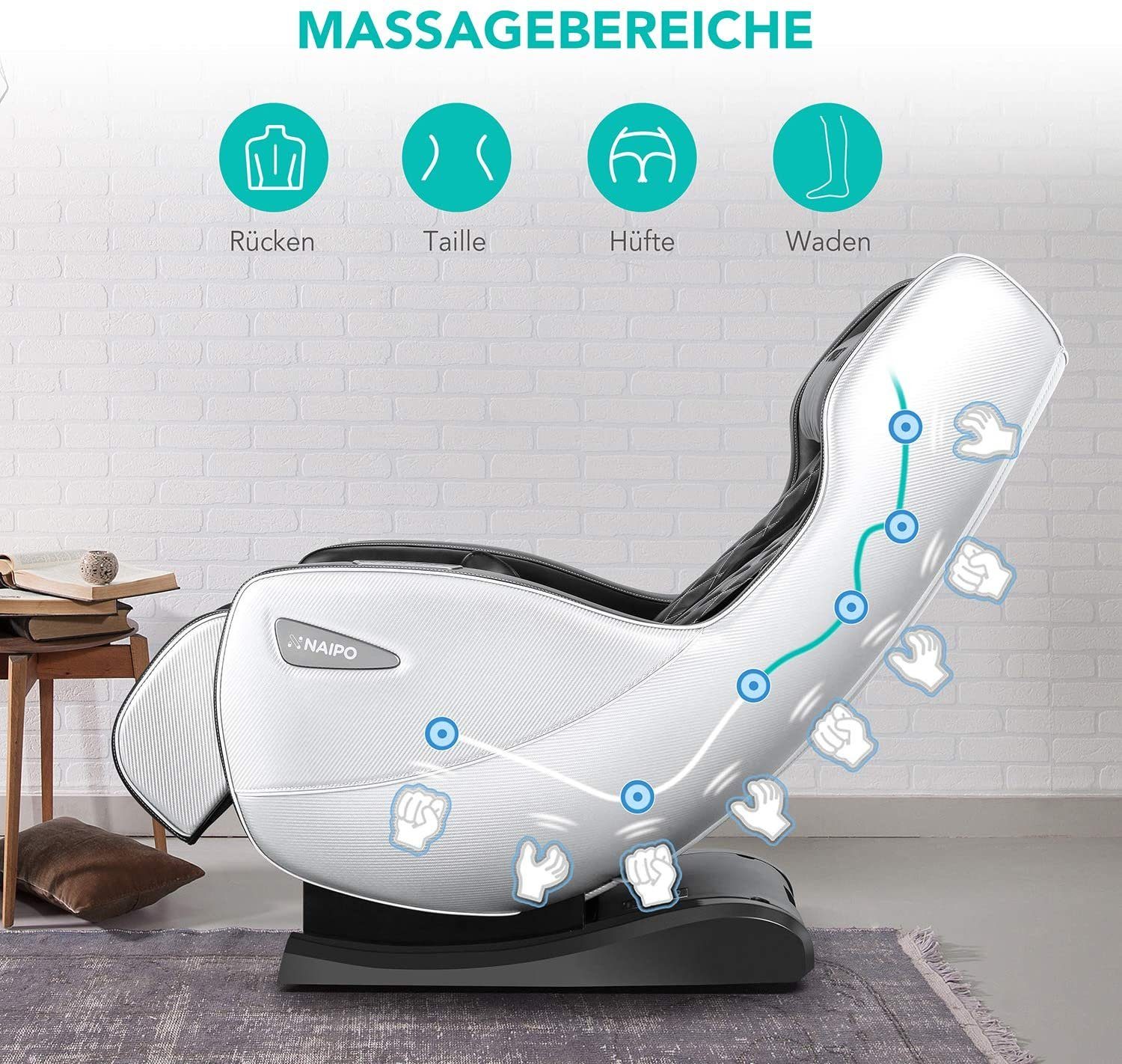 NAIPO Massagesessel, Platzsparend Beige-Dunkelbraun-Aufbauservice Massagestuhl mit Bluetooth, Liegeposition