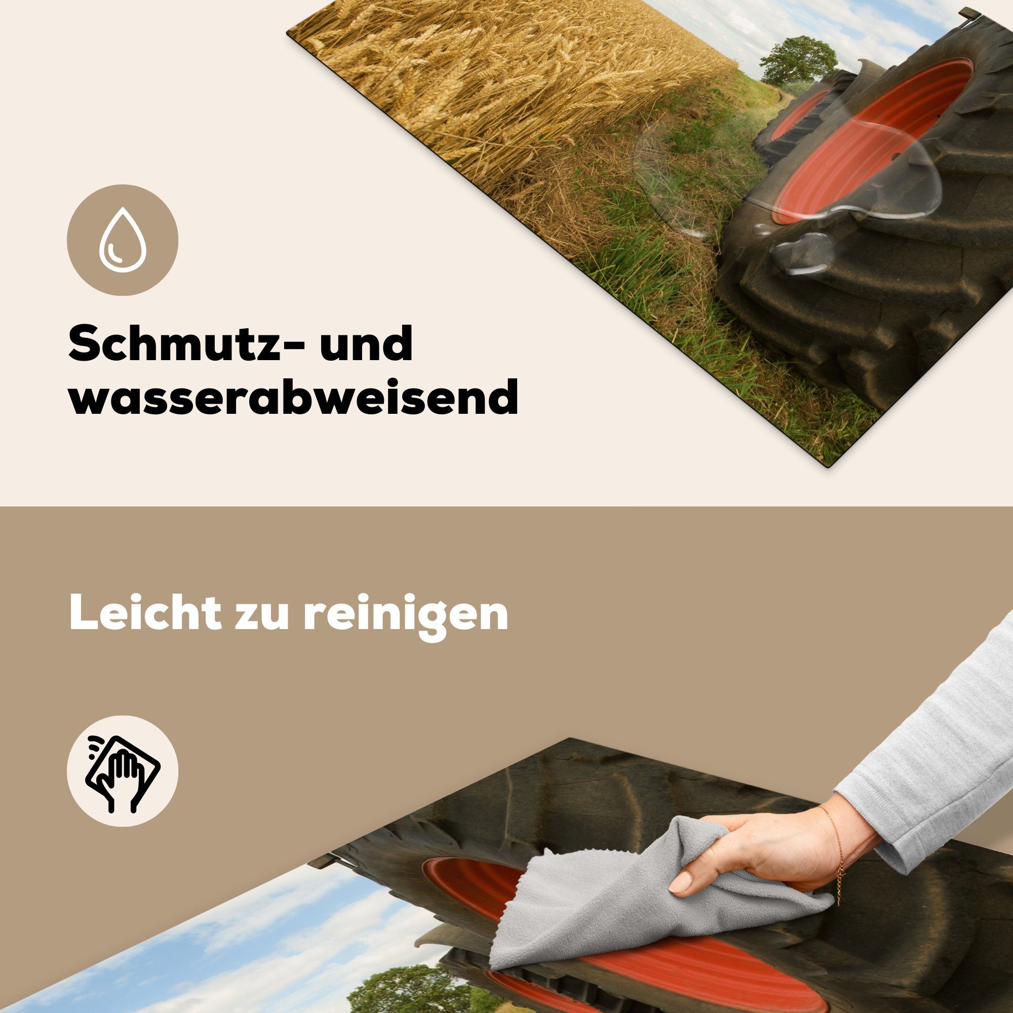 MuchoWow Herdblende-/Abdeckplatte Traktor - cm, Räder Induktionskochfeld Vinyl, küche, (1 81x52 - tlg), Weizen, für Schutz die Ceranfeldabdeckung