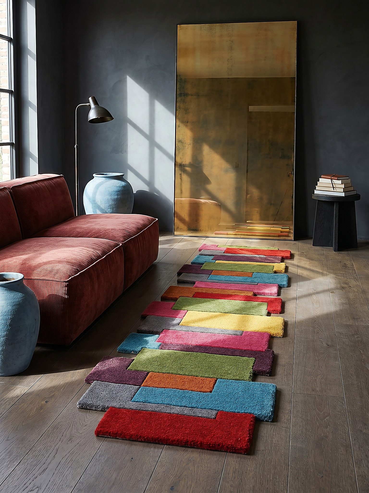 KADIMA DESIGN Wollteppich HALLEIN Teppich modern Diele Flur robust abstrakt 60x230 Multi, Läufer, Höhe: 14 mm, 100% Wolle, 10 mm Kurzflor, hochwertig, Collage-G – Bild 5 von 5