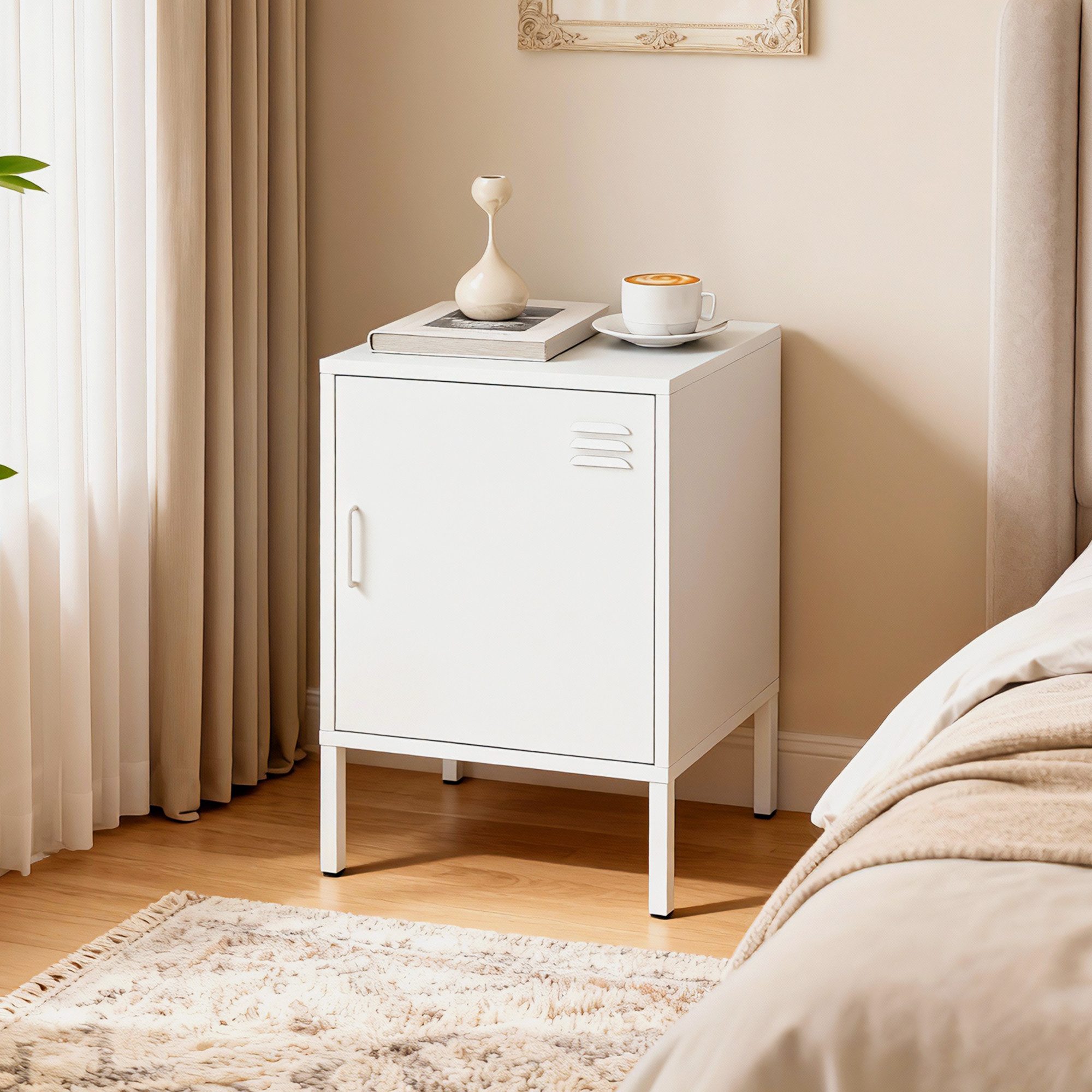 HOMCOM Nachttisch Stahl, verstellbarer Ablage, magnetischem Türverschluss, Stahlrahmen (Beistelltisch, 1-St., Nachtschrank), für Schlafzimmer, Wohnzimmer, Weiß, 40 x 40 x 56 cm