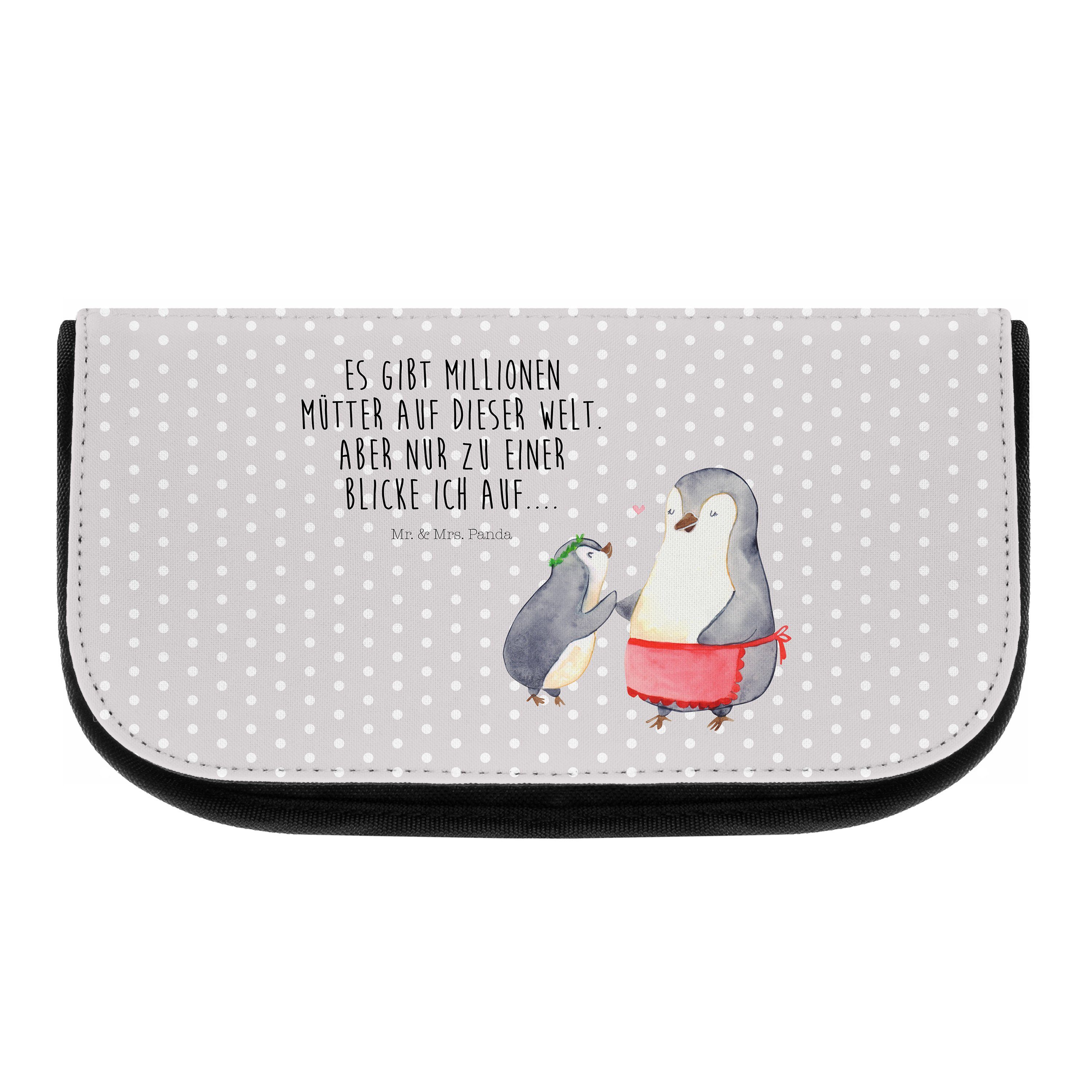 Mr. & Mrs. Panda Kosmetiktasche Pinguin mit Kind - Grau Pastell - Geschenk, Muttertag, Mama, Oma, Toc (1-tlg)