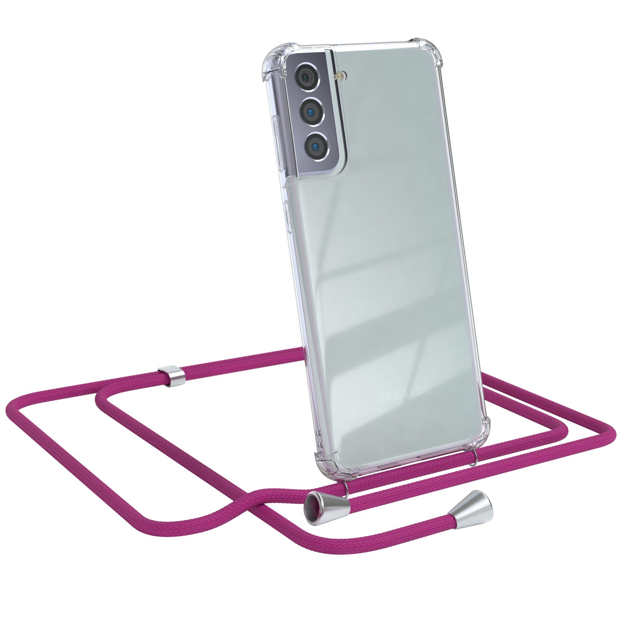 EAZY CASE Handykette Hülle mit Kette für Samsung Galaxy S21 Plus 5G 6,7 Zoll, Handykordel Slimcover mit Umhängeband zum Umhängen Pink / Clip Silber