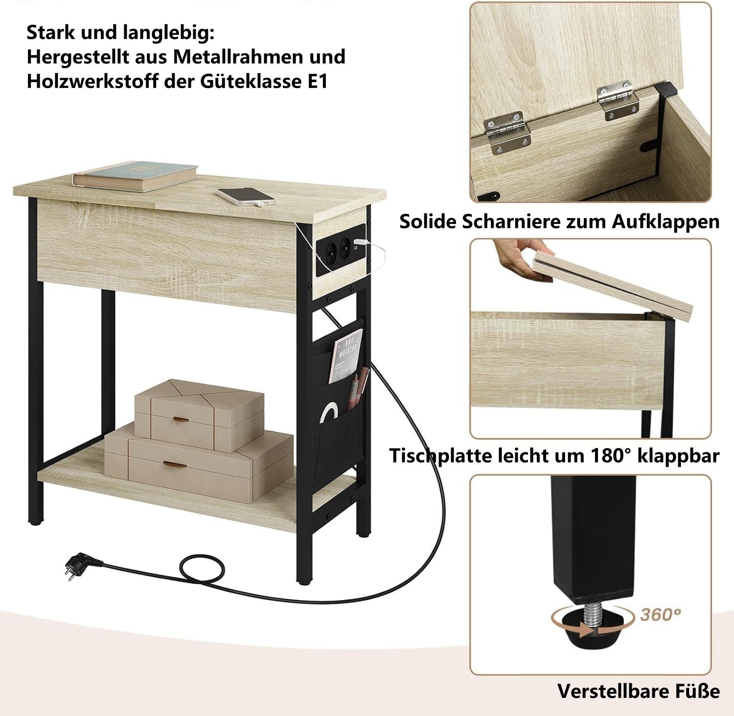 Couchtisch Beistelltisch Helle-Eiche (1-St), Ladefunktion&Stauraum, mit EUGAD klappbar