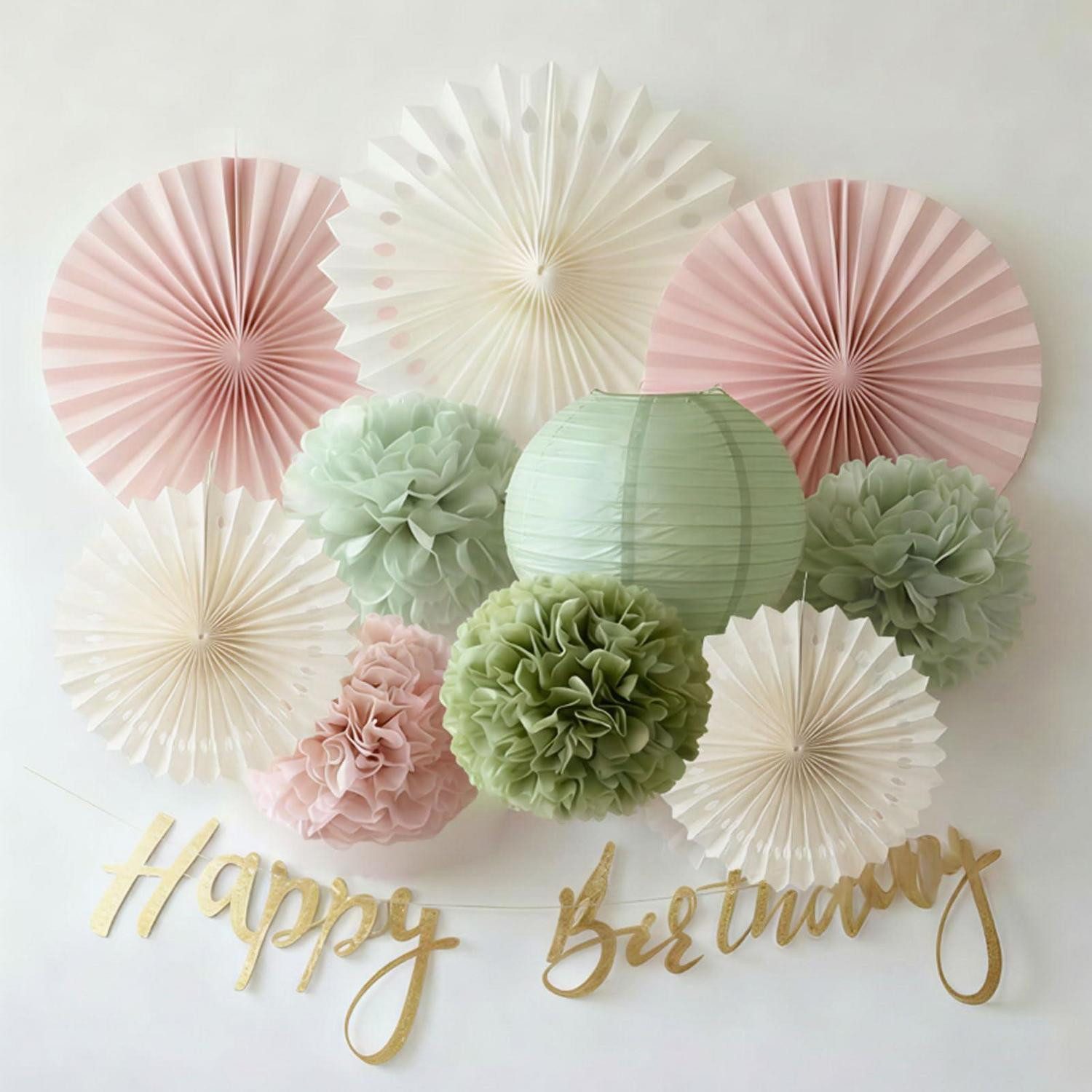 LuxusKollektion Papierlaterne Deko Set Salbeigrün Rosa 11-teilig Geburtstag Party