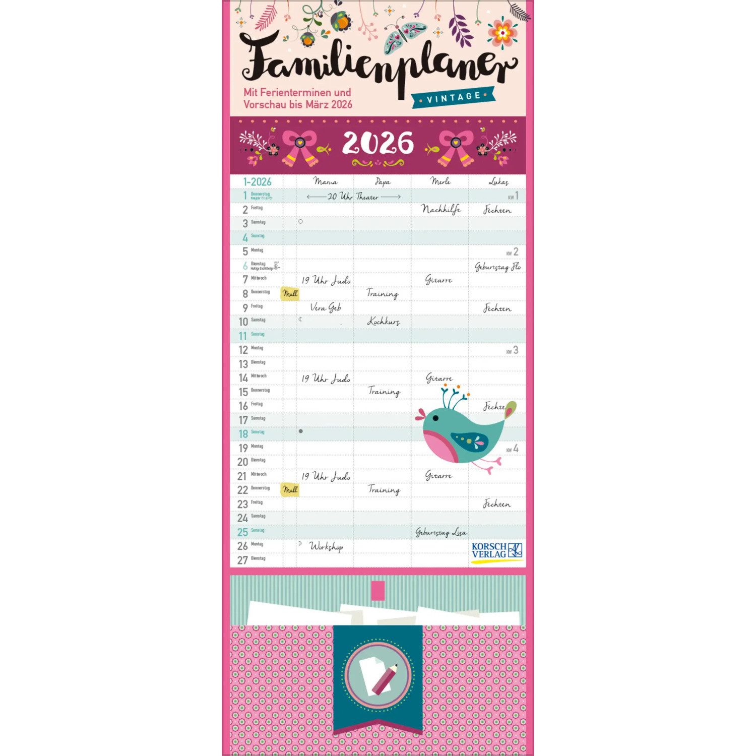 Korsch Verlag Familienkalender Familienplaner Vintage Zetteltasche 2026