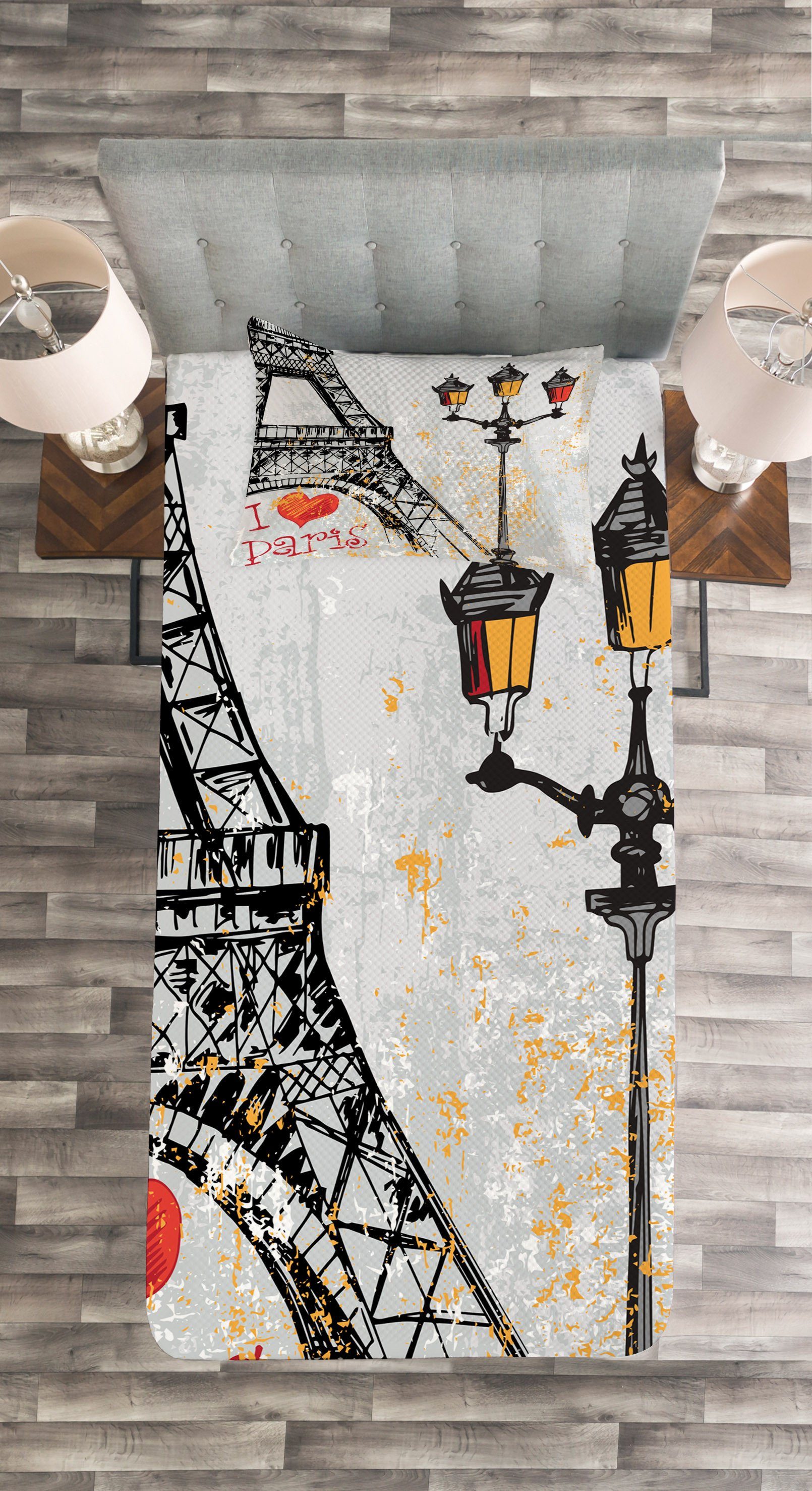 Tagesdecke Set Kissenbezügen Eiffel Waschbar, Europa Abakuhaus, mit Grunge Frankreich
