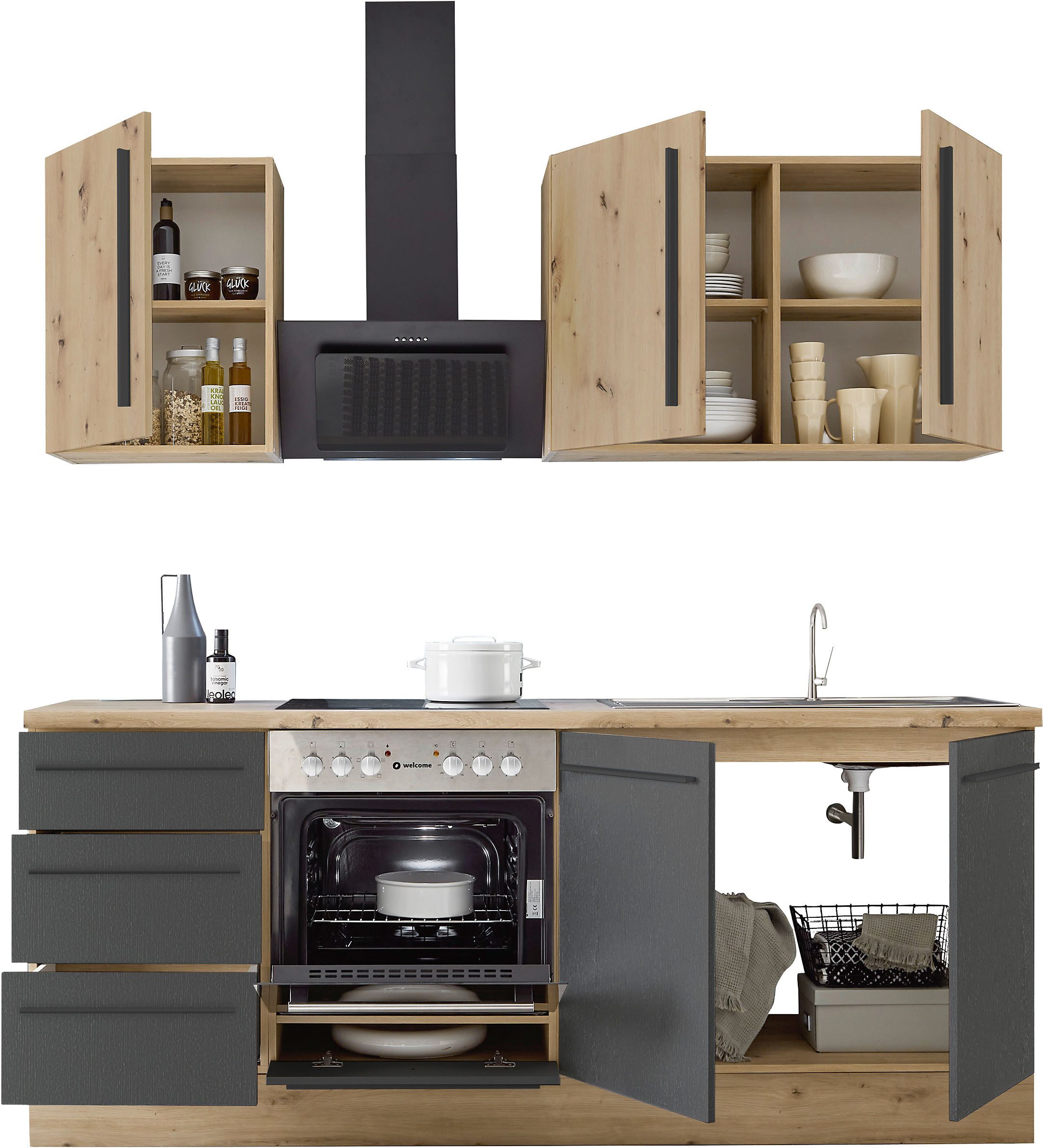KOCHSTATION Küchenzeile KS-Florida mit 38mm starker Arbeitsplatte, Breite 210 cm, wahlweise mit E-Geräten, Soft-Close-Funktion – Bild 4 von 5