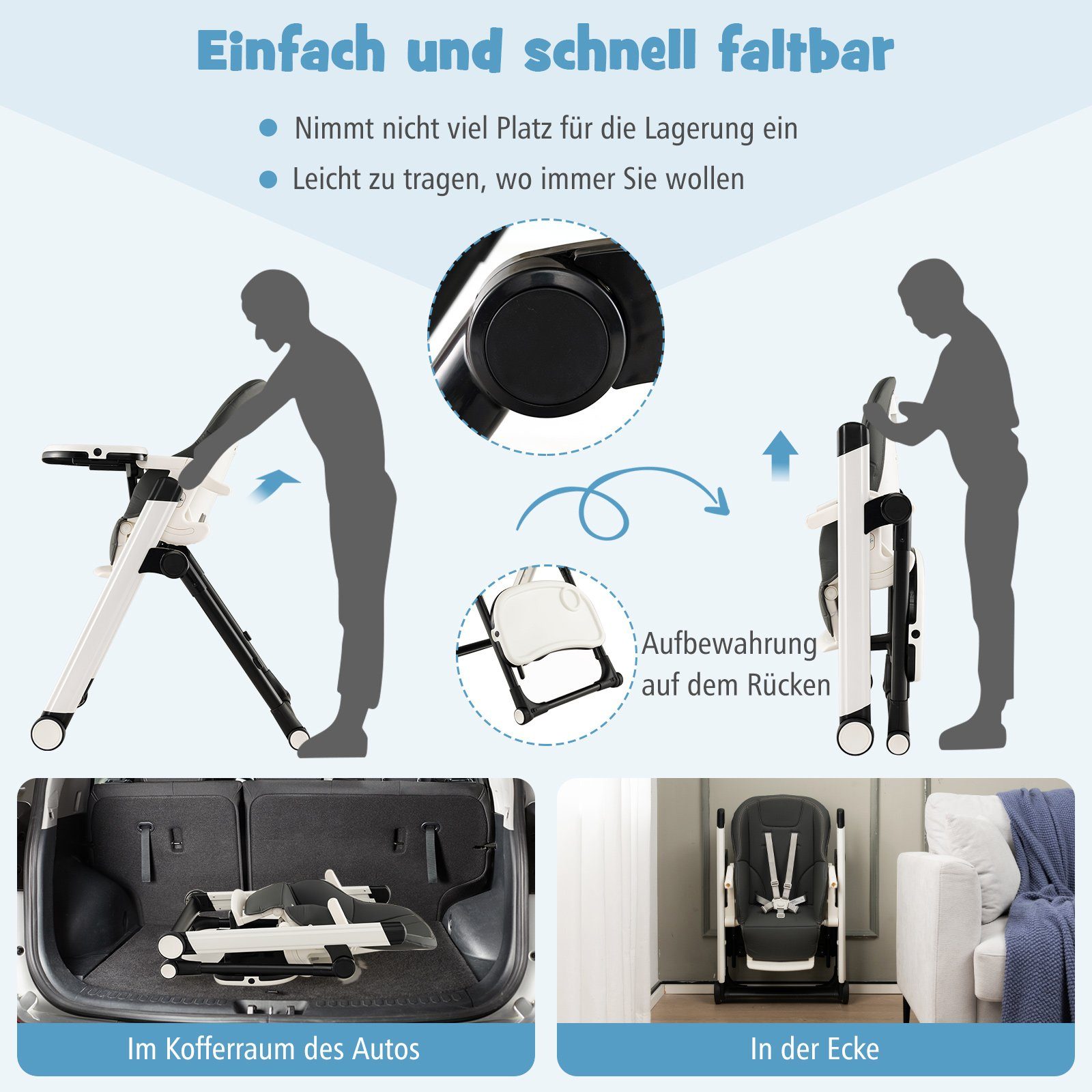 COSTWAY high chair, foldable, with adjustable backrest & removable trays