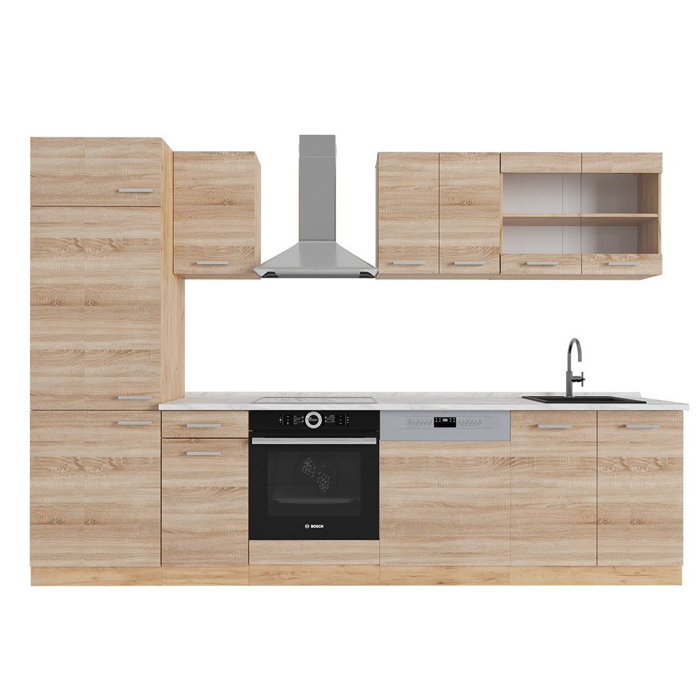 Vicco Küchenzeile R-Line, Sonoma/Goldkraft Eiche, 300 cm, AP Marmor