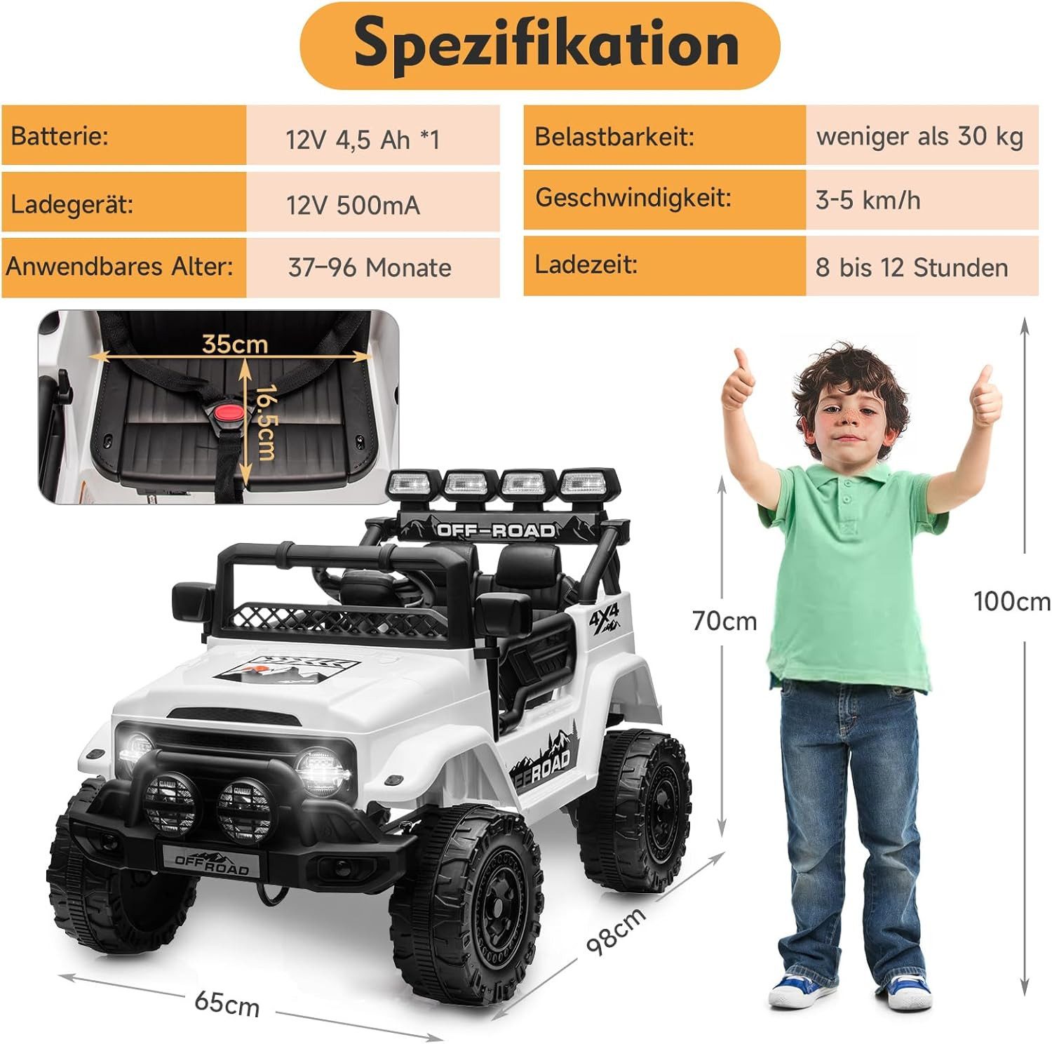 Hausprofi Elektro-Kinderauto Elektroauto Kinder-Jeep für ab 3 Jahren, mit 2,4G Fernbedienung, LED, Bluetooth, Musik, 3-5 km/h