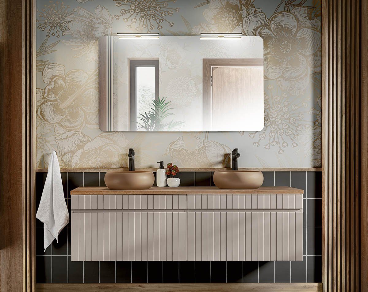 einfachgutemoebel Waschtisch-Set Badezimmer KARATA 160cm Set 2-tlg., mit Aufsatzbecken, kaschmir grey, (Badmöbel Set, 1-St., Waschtisch Set 2-tlg)