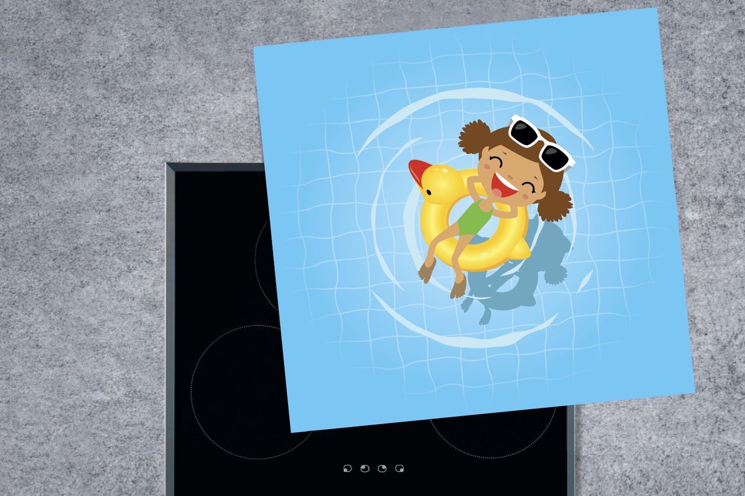 MuchoWow für im eines Schwimmbad, (1 aus Arbeitsplatte 78x78 cm, küche der Herdblende-/Abdeckplatte tlg), Vinyl, Illustration Ceranfeldabdeckung, Mädchens Kindheit