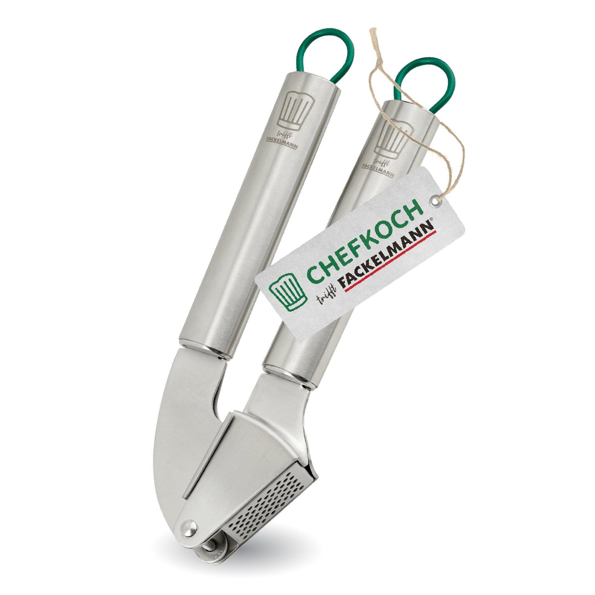 Chefkoch trifft Fackelmann Knoblauchpresse Knoblauchpresse aus Edelstahl – 200x65mm – in Silber/Grau/Grün
