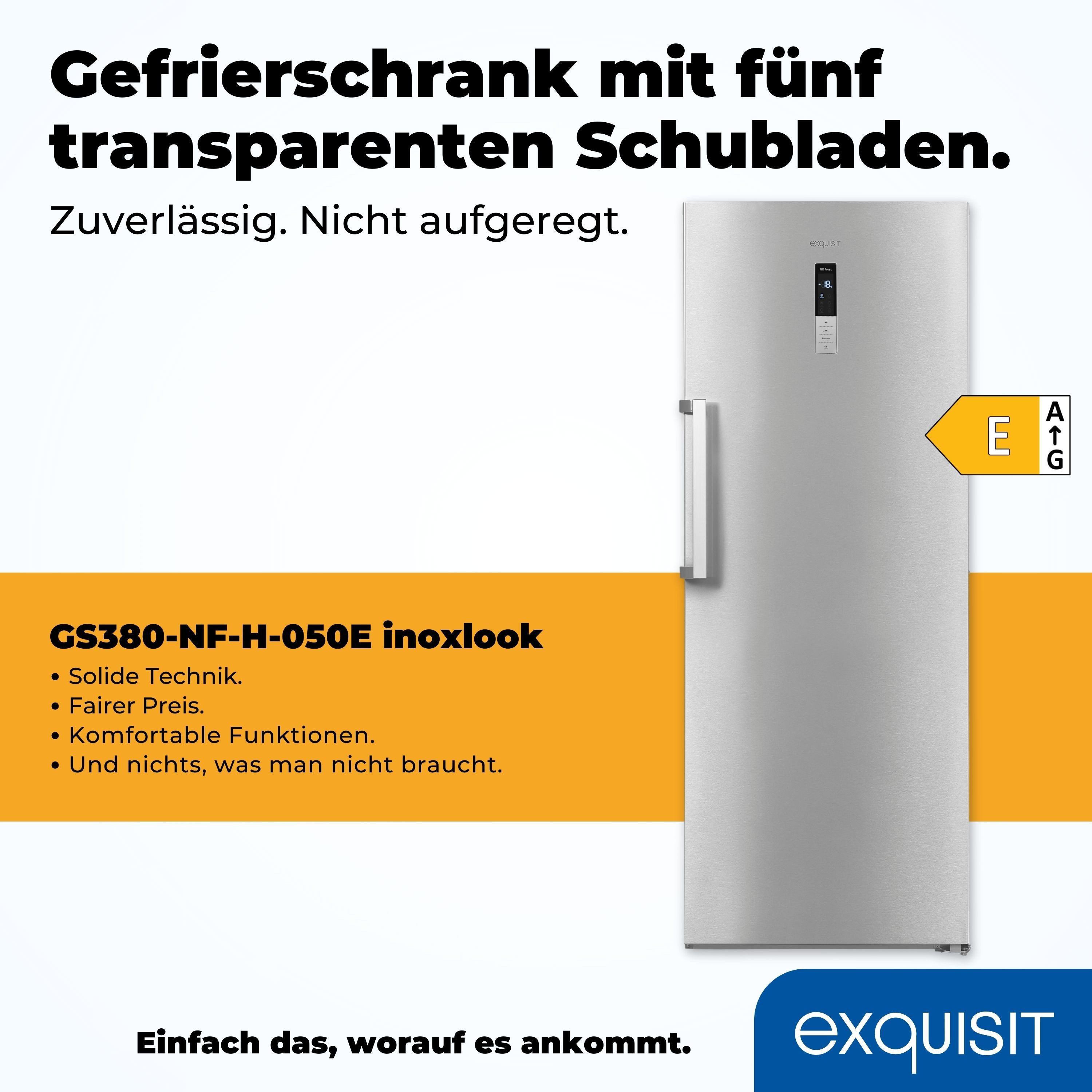exquisit Gefrierschrank NoFrost GS380-NF-H-050E inoxlook, 185,5 cm hoch, 71 cm breit, 380 L Gefrierschrank: No-Frost, 4-Sterne & flexibel mit LED-Licht – Bild 3 von 5