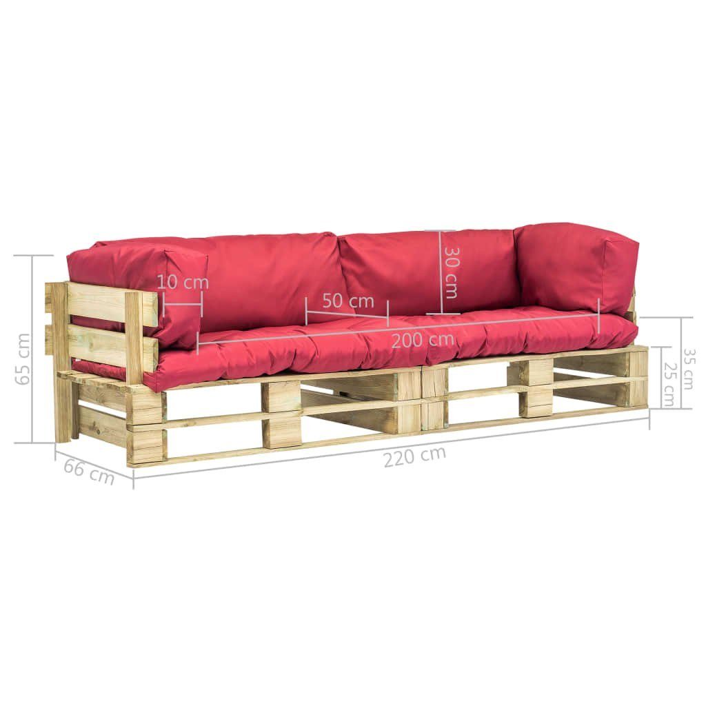 in 2 vidaXL Paletten Outdoor-Sofa-Set Kissen Teile 2-tlg. Kiefernholz, mit Grün Loungesofa Rot Rot und