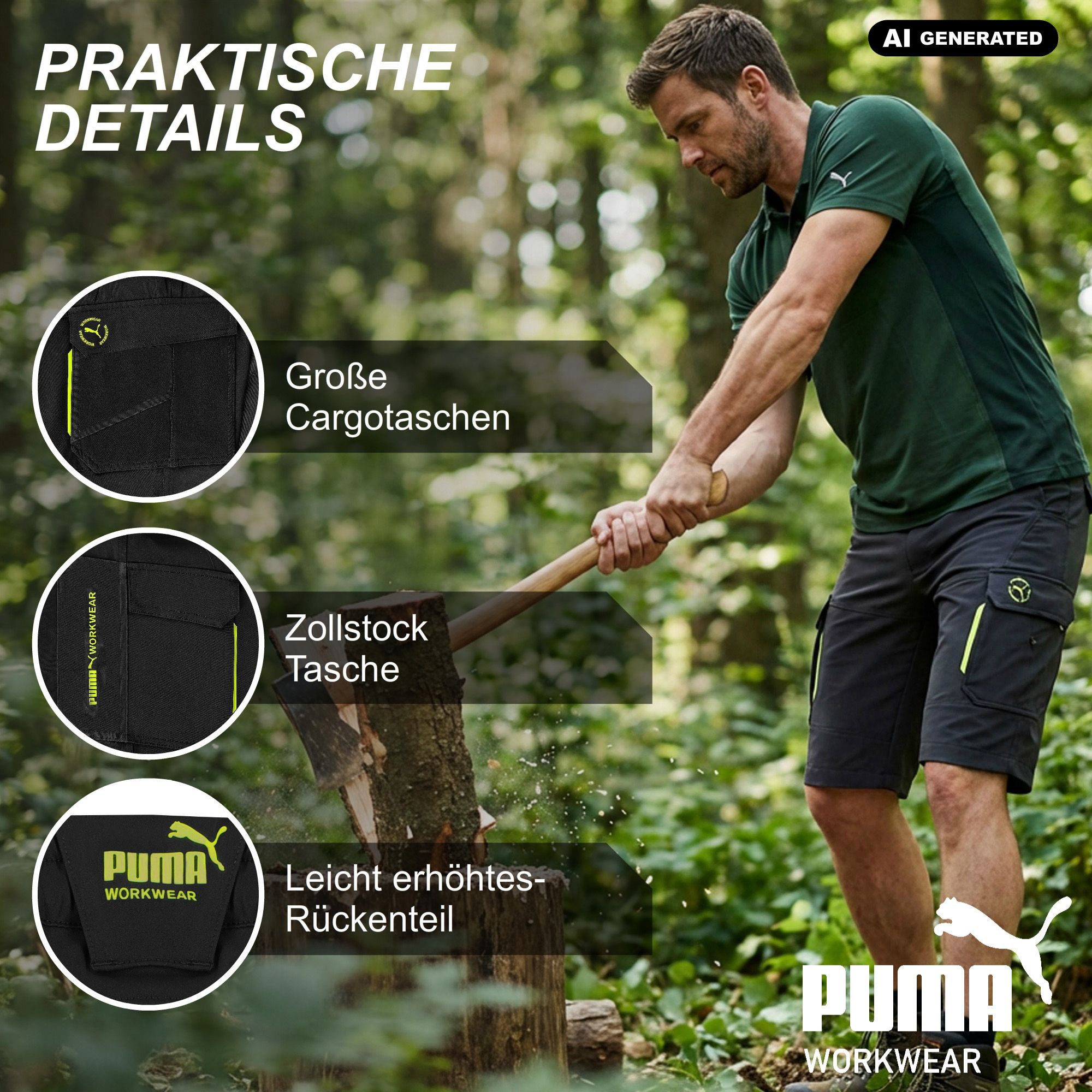 PUMA Workwear Arbeitsshorts Kurze Arbeitshose Herren - Mit 4-Wege Stretch - Erhöhtes Rückenteil Robust mit verstärkten Taschen durch 100% Nylon - Gummizug im Bund