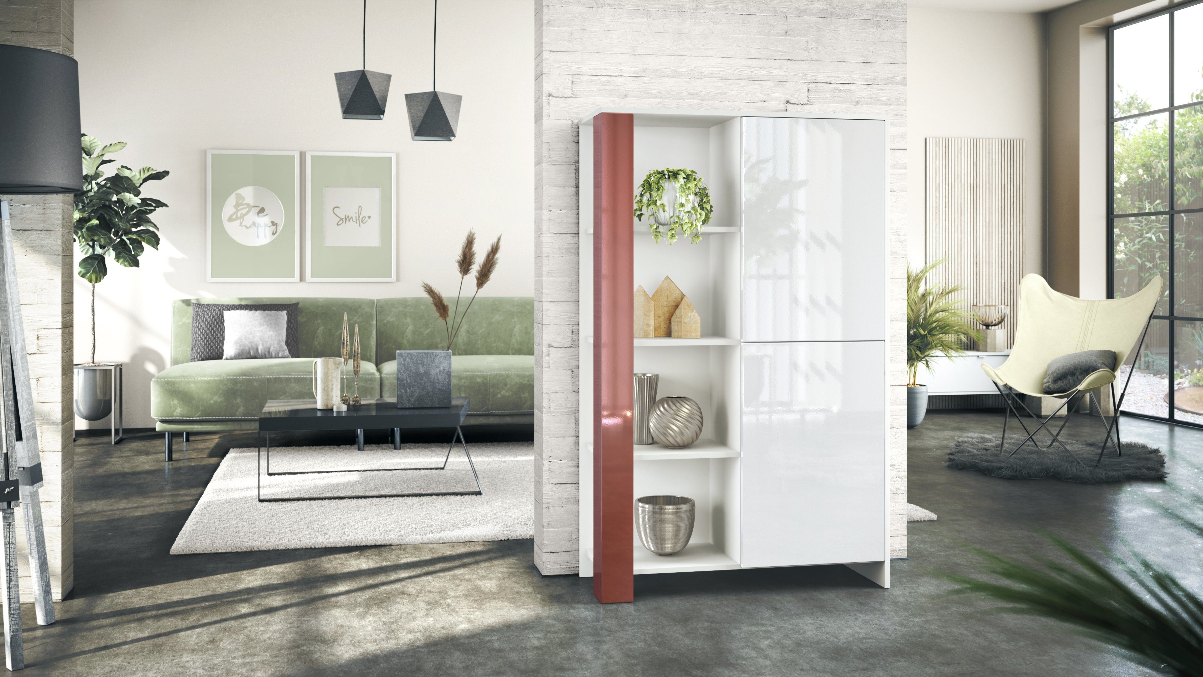 Vladon Highboard Canto (Highboard, mit 2 Türen und 8 Fächern), Weiß matt, Weiß Hochglanz, Bordeaux Hochglanz