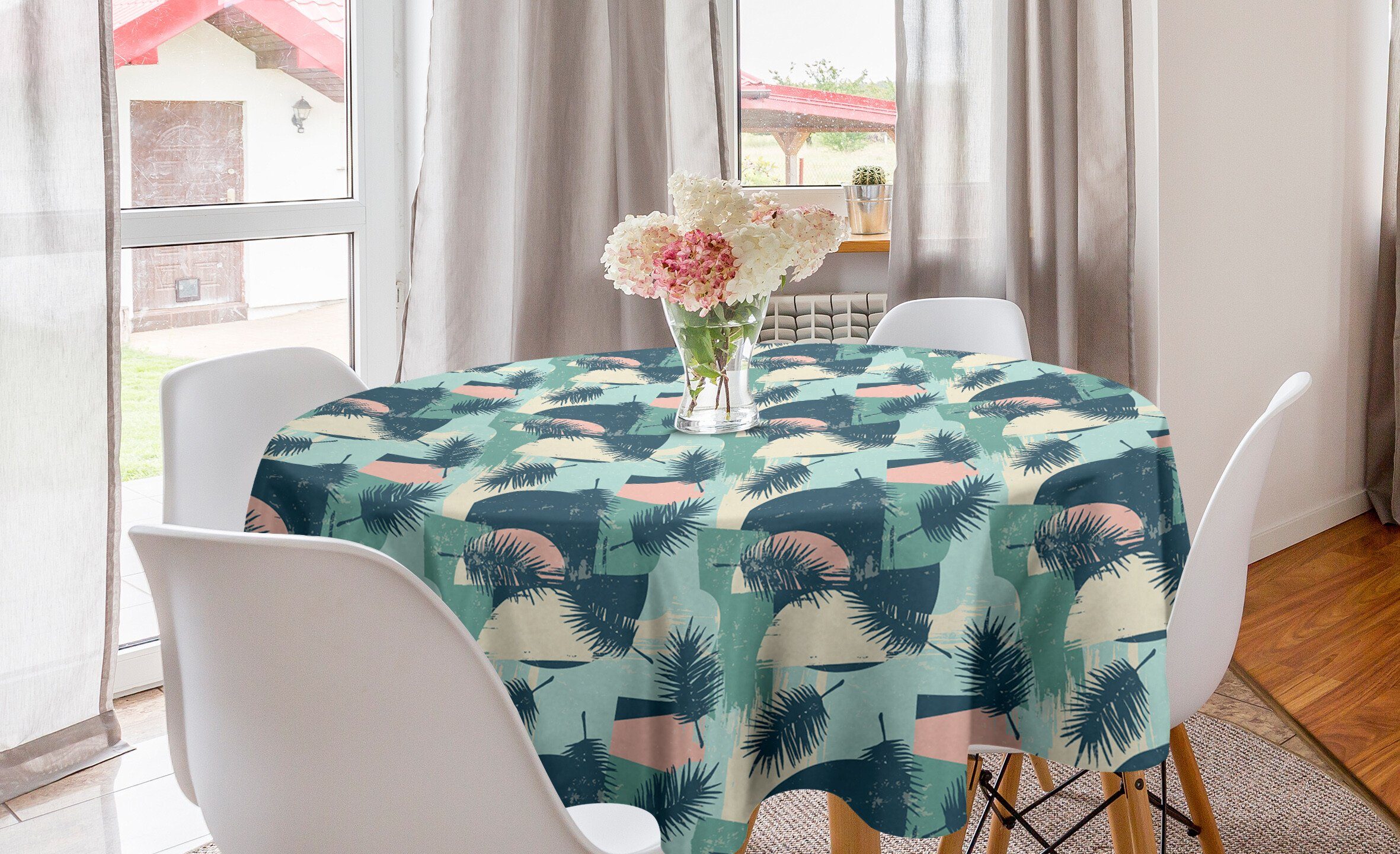 Abakuhaus Tischdecke Kreis Tischdecke Abdeckung für Esszimmer Küche Dekoration, Tropisch Hawaiian Blätter und Pflanzen