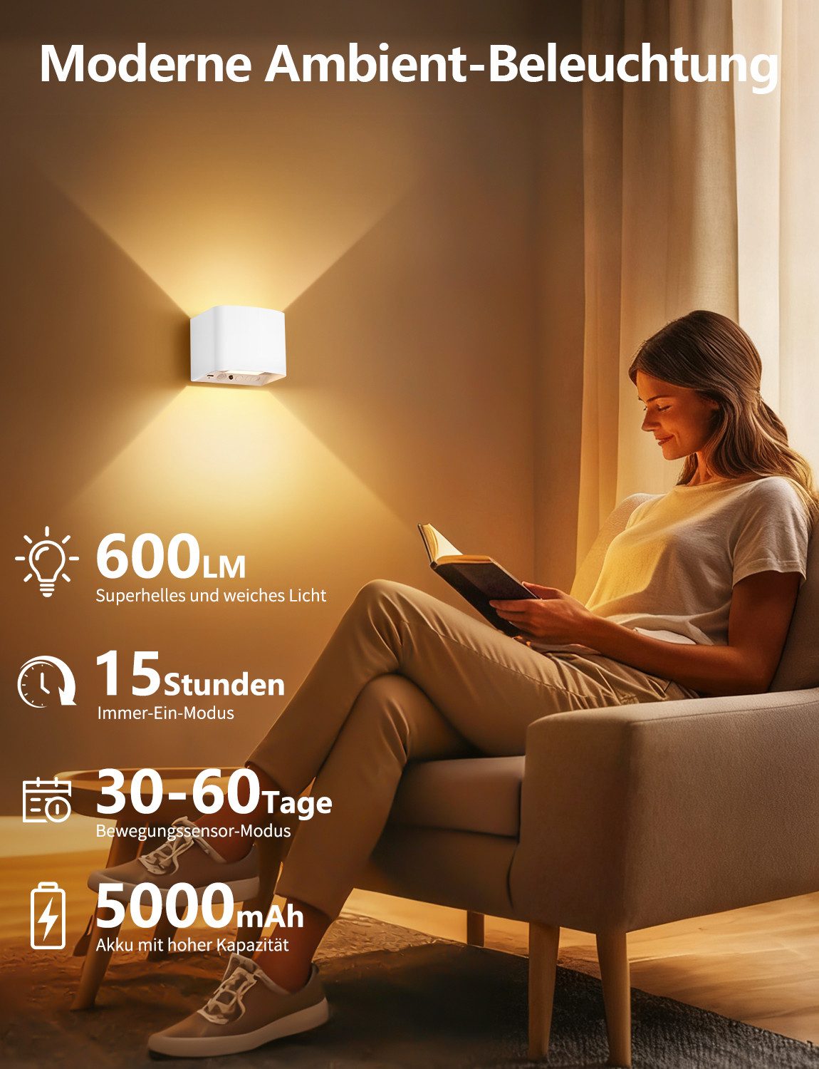 GeyouLux Wandleuchte 5000mAh Aufladbare Wandleuchte Innen, Fernbedienung & Dimmbar, LED-Lampen, LED Wandlampe mit Bewegungsmelder, 4 Stück – Bild 4 von 5