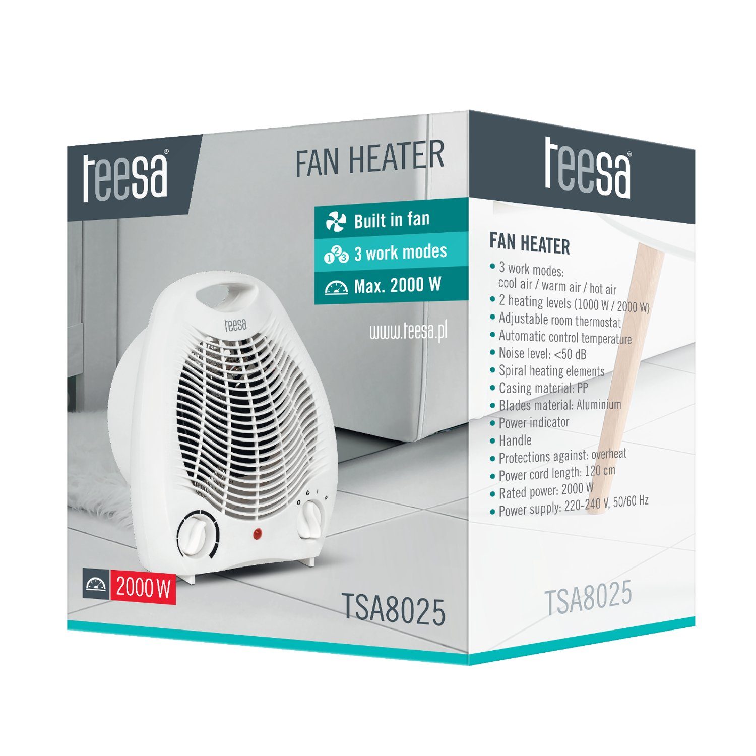 Teesa Heizlüfter TSA8025, Thermoelektrischer Ventilator Heizlüfter Heizgerät 2000w