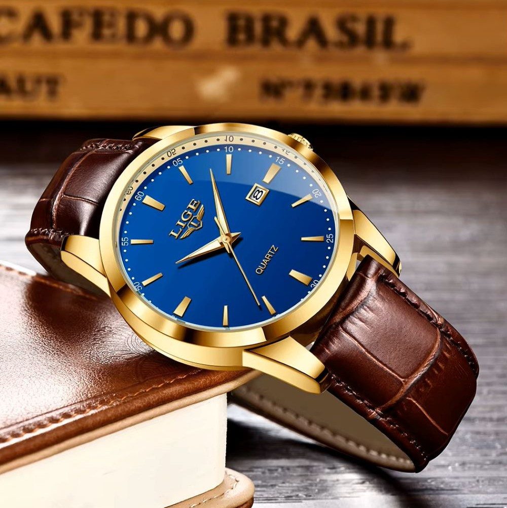 Tidy Quarzuhr LIGE 89143 Herrenuhr mit blauem Zifferblatt und braunem Armband
