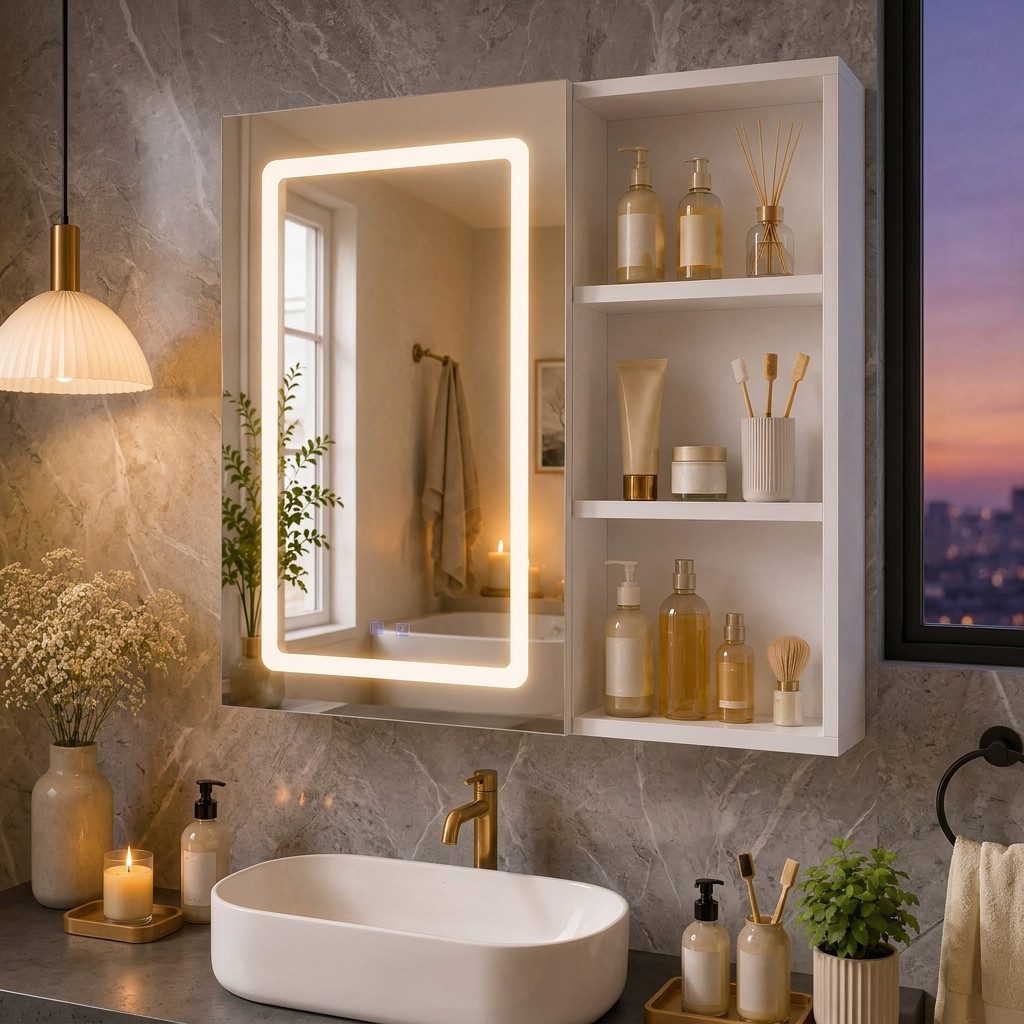 PXloue Badezimmerspiegelschrank mit licht Spiegelschrank bad mit beleuchtung (Einstellung der warmen und kalten Farbtemperatur 3000/4500/6400K) inkl. LED-Beleuchtung, Stecker, Touchschalter, Beschlagfrei