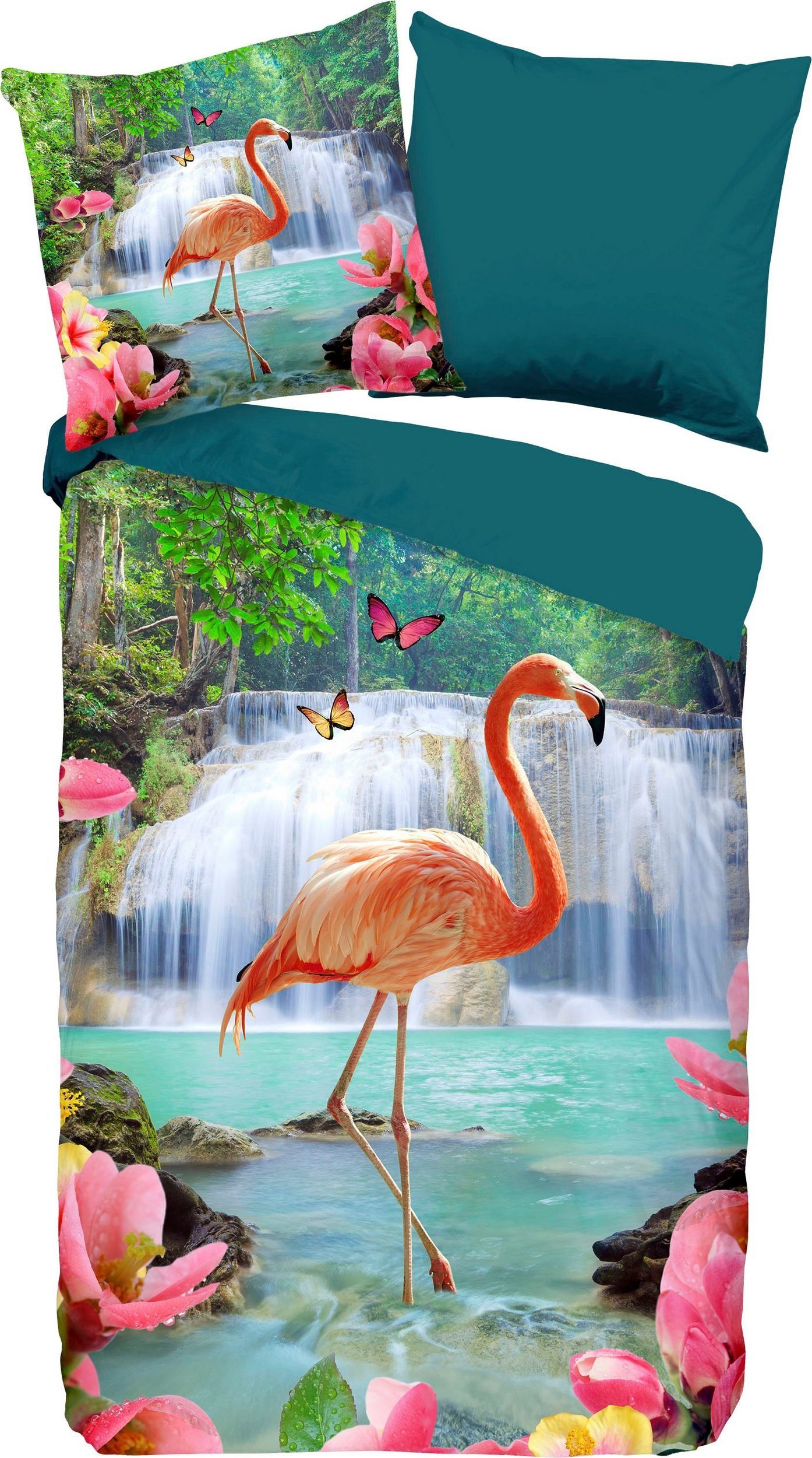 PURE luxury collection Wendebettwäsche Flamingo Bettwäsche-Set Bettbezug & Kissenbezüge, Renforcé, 3 teilig, mit Flamingo
