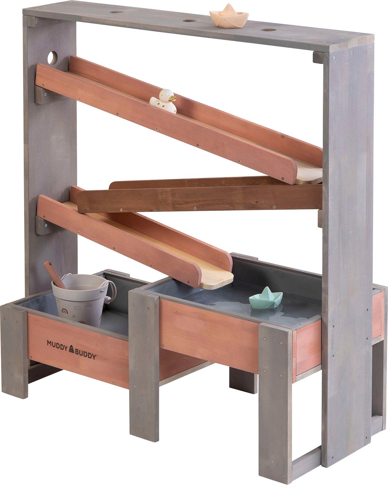 MUDDY BUDDY® Wasserbahn Aqua Tower, (stabile Wasserbahn aus massivem Zypressenholz gefertigt), inkl. 2 großer Auffangbecken, warmgrau-puderrosa, FSC® - schützt Wald