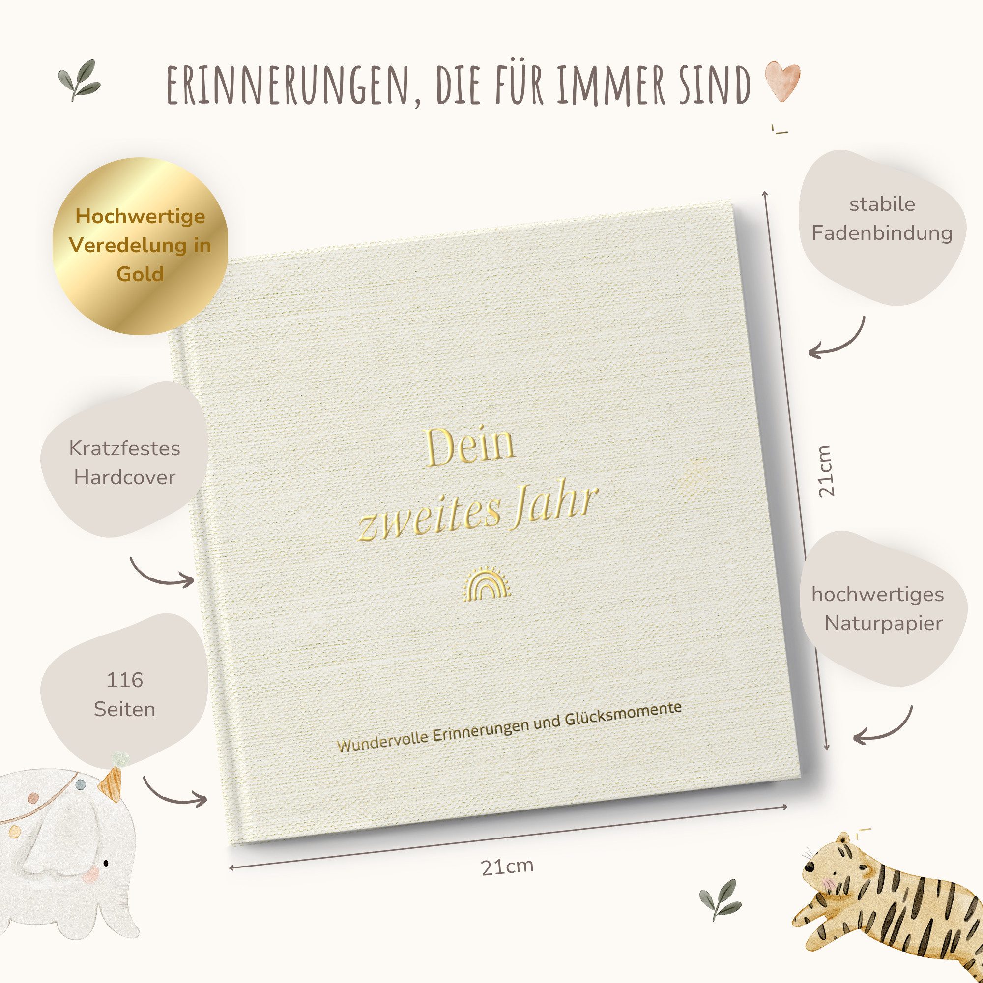 MeinBaby123® Tagebuch Dein 2tes Jahr - Erinnerungsbuch hochwertig vergoldet, Perfektes Geschenk zum ersten Geburtstag, Geschenkidee