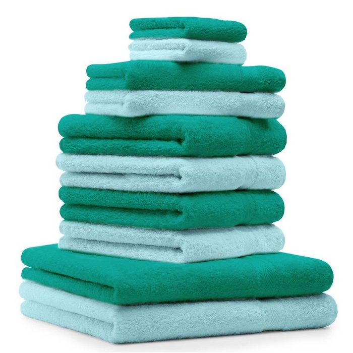Betz Handtuch Set 10-TLG. Handtuch-Set Premium 100% Baumwolle 2 Duschtücher 4 Handtücher 2 Gästetücher 2 Waschhandschuhe Farbe Smaragd Grün & Türkis 100% Baumwolle
