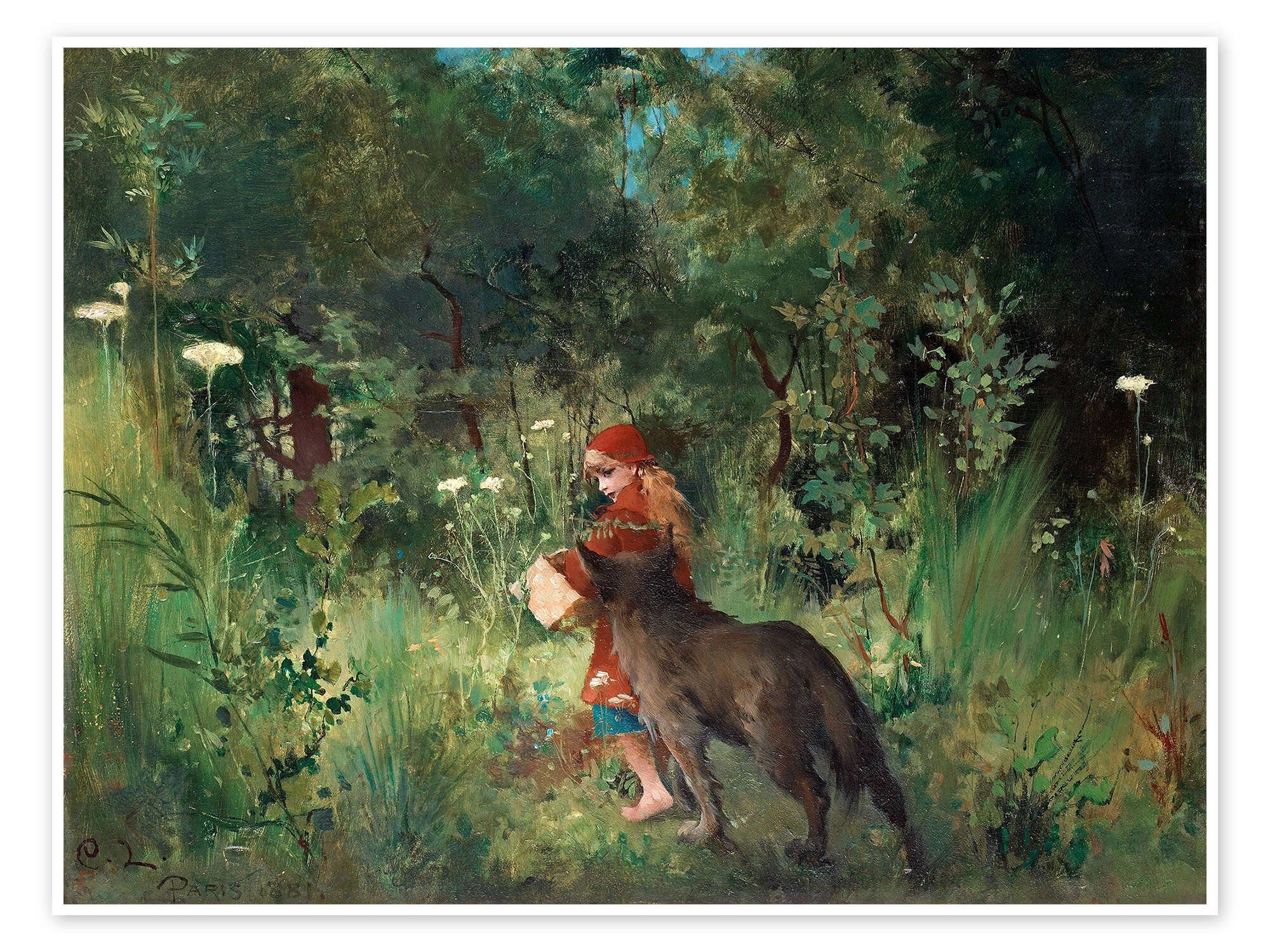 Posterlounge Poster Carl Larsson, Rotkäppchen und der Wolf im Wald, Malerei