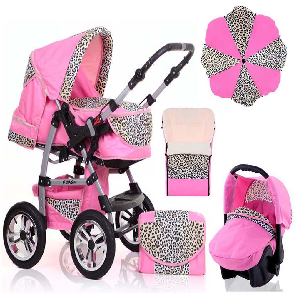 babies-on-wheels Kombi-Kinderwagen 5 in 1 Kinderwagen-Set Flash inkl. Autositz - 17 Teile - in 18 Farben Pink-Leo