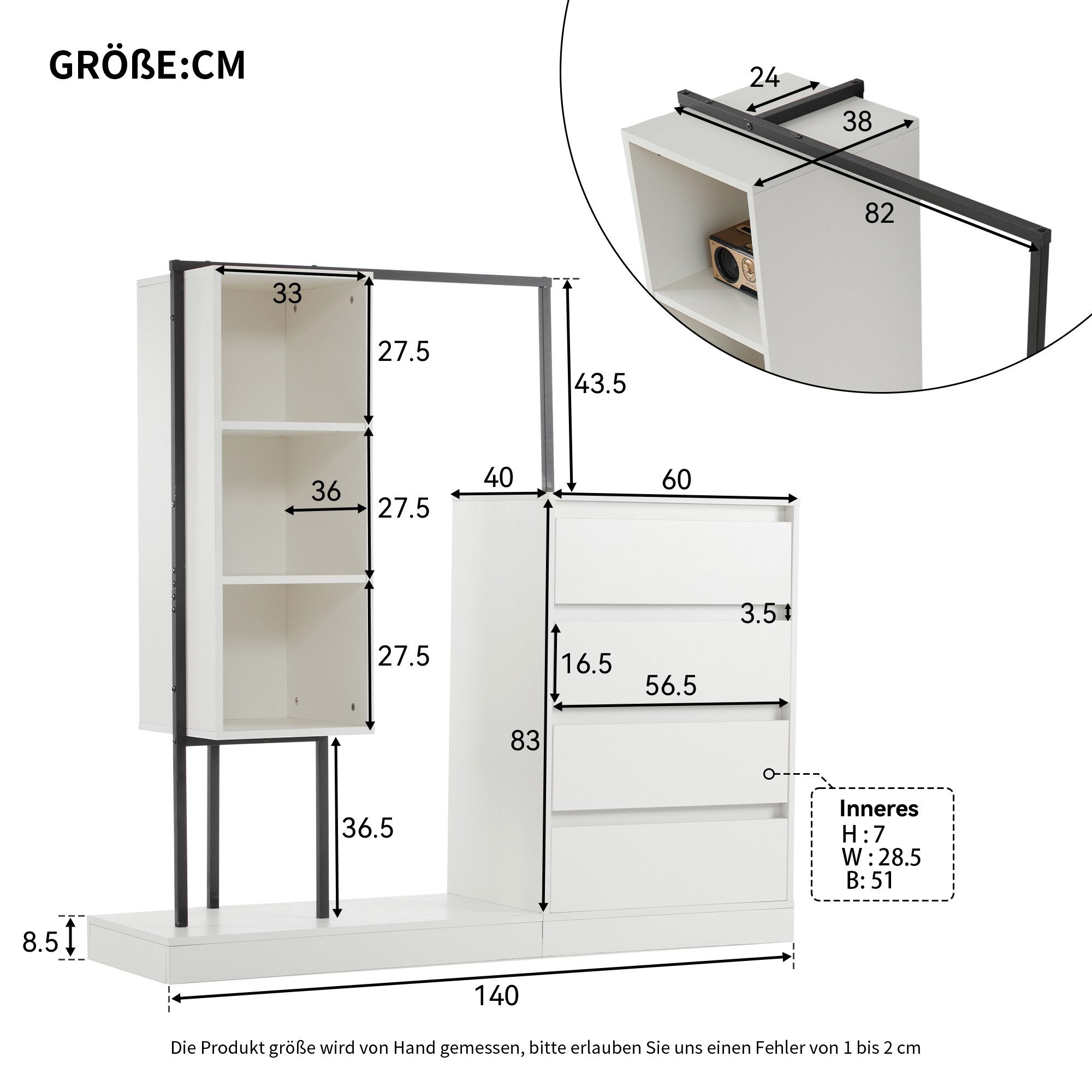 BlingBin Garderobenschrank Kleiderschrank Garderobenständer Kompaktgarderobe (1-St., mit 4 Schubladen, 1 Kleiderstange und offenen Staufächern) 140×40×135, für Schlafzimmer, Flur und Wohnzimmer