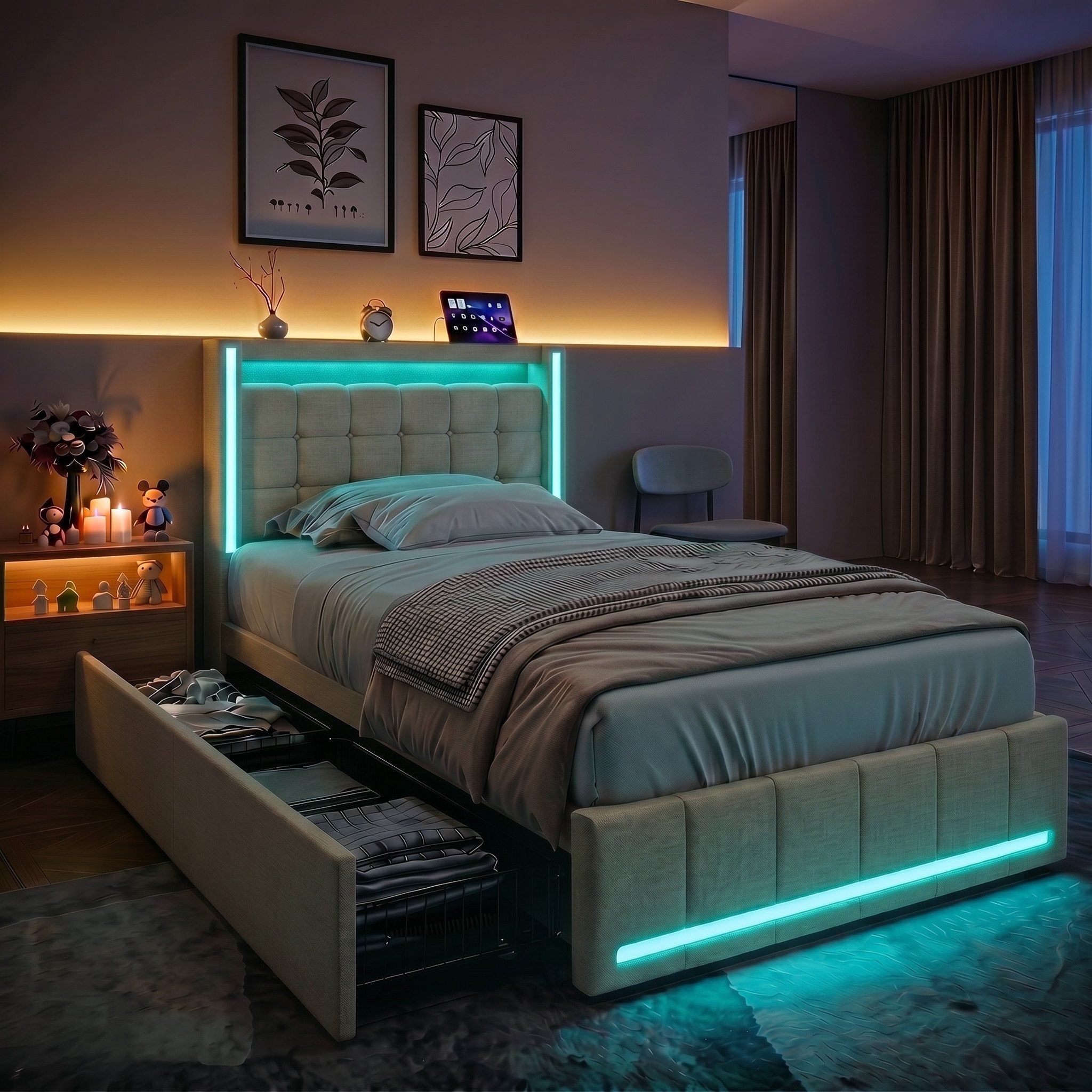 PXloue Polsterbett LED Doppelbett 140x200cm mit Ladefunktion und 4 Schubladen Polsterbett (Geeignet für Jugendliche und Erwachsene), Stauraumbett, mit RGB-LED, Lattenrost und praktischen Schubladen