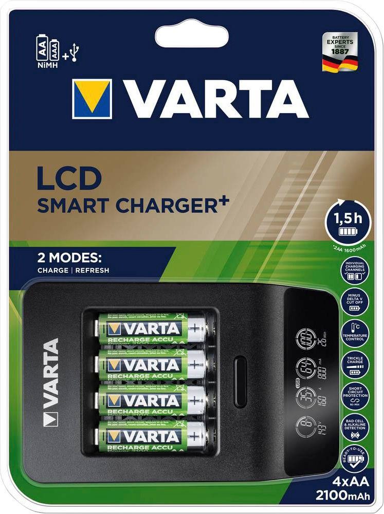 VARTA LCD Smart Charger+ für 4 AA/AAA-Akkus und USB-Geräte Powerstation