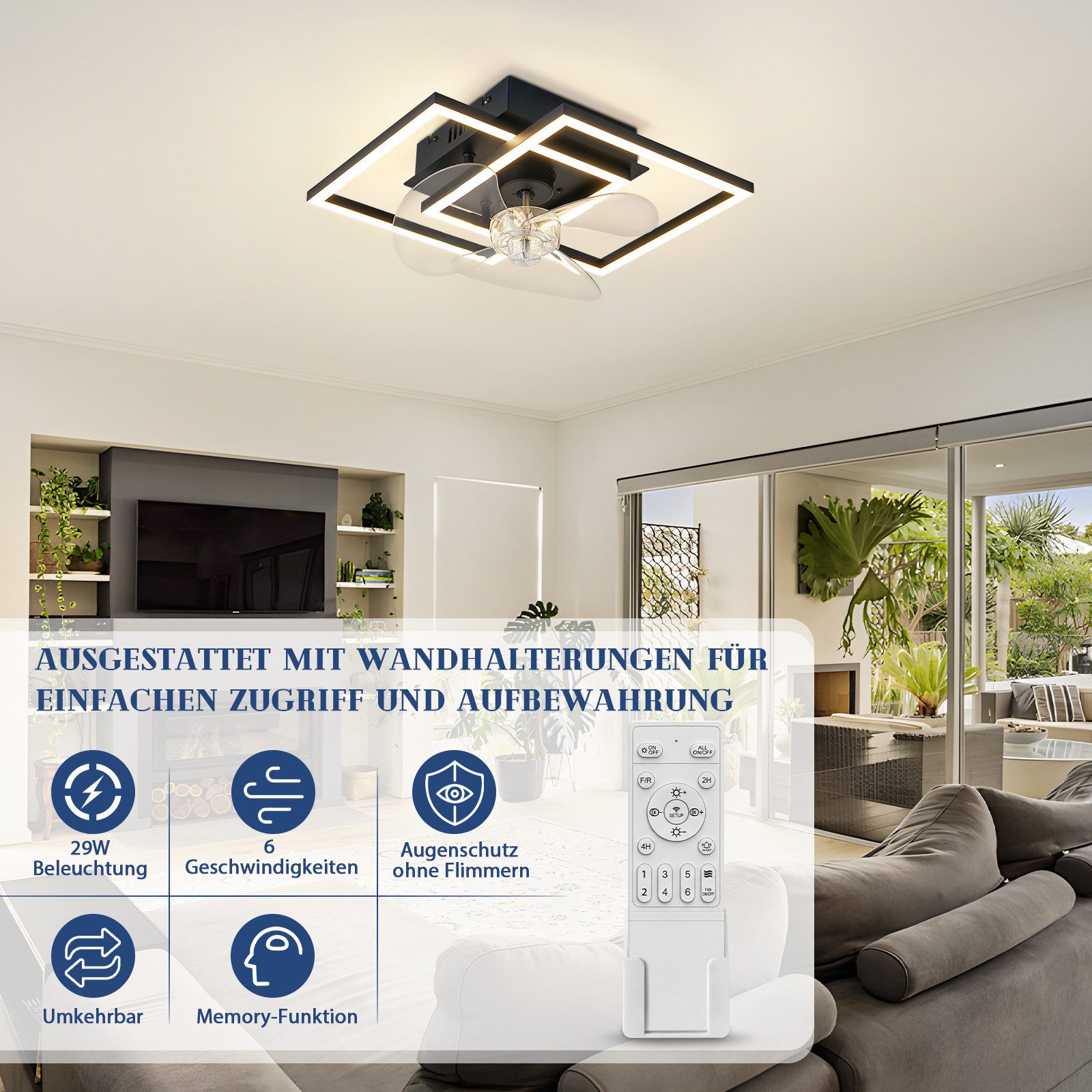 ZMH Deckenventilator Moderne Deckenlampe mit Ventilator - Deckenventilator mit Beleuchtung, mit Licht Dimmbar mit Fernbedienung Timer für Wohnzimmer Esszimmer