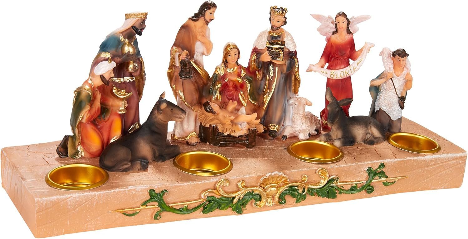 BRUBAKER Krippenfigur Kerzenhalter - Weihnachtskrippe für Kerzen mit 3 cm Ø - Tischkrippe (29 cm - Adventskerzen Halter, 1 St), Handbemalte Weihnachtsfigur mit Figuren Jesus, Maria, Josef und Könige