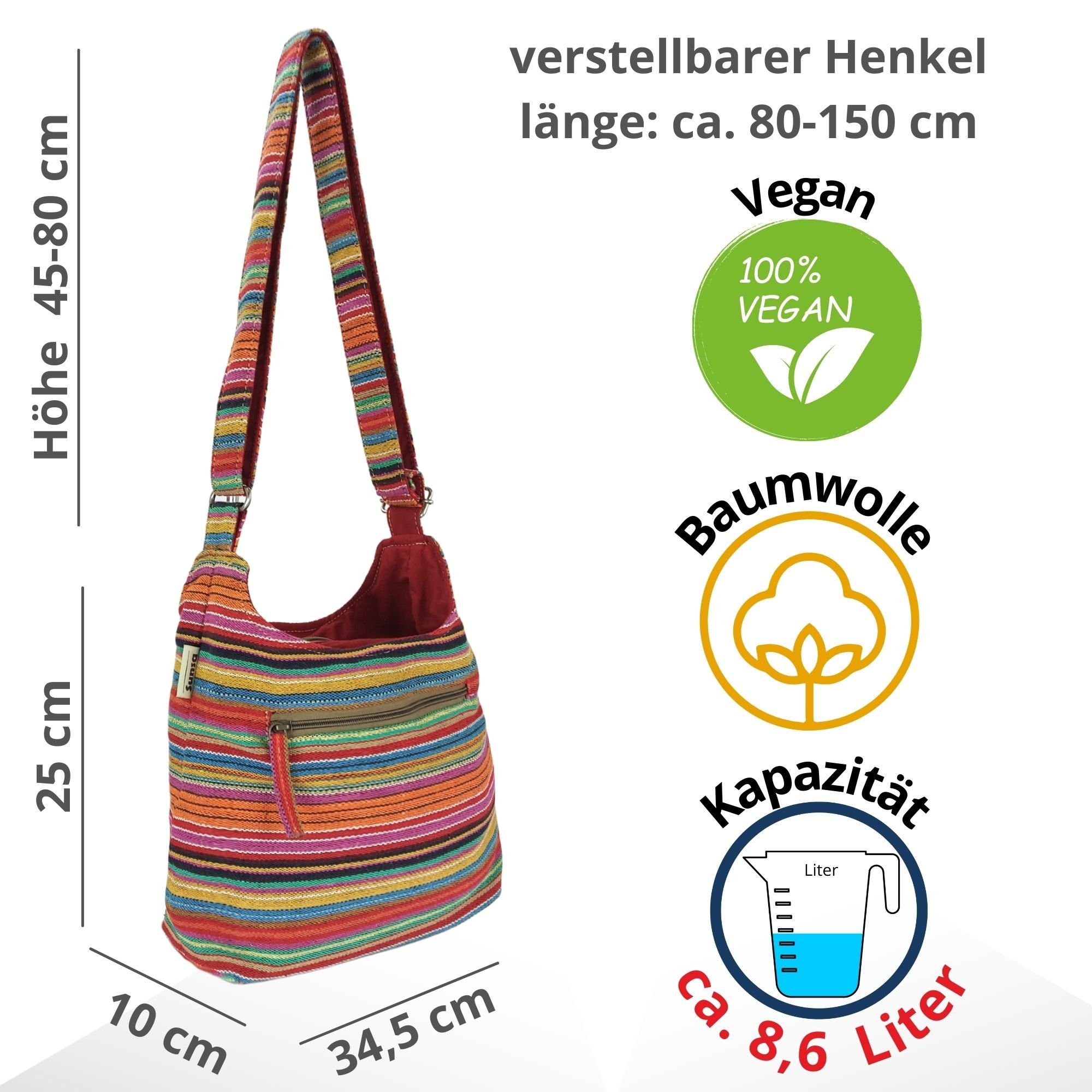 Vegane Tasche, Sunsa pink/bunt Crossbody Hobo Stil Hobo Crossover, Streifen Streifen Umhängetasche nachhaltige