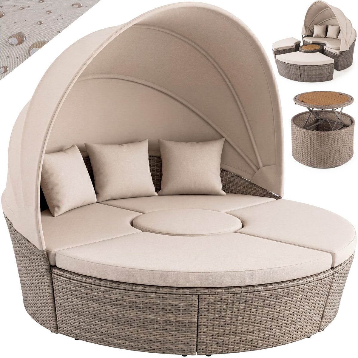 Casaria Sonneninsel Beige, 185cm Sonnenliege Polyrattan mit Tisch Wetterfest Kissen Gartenliege