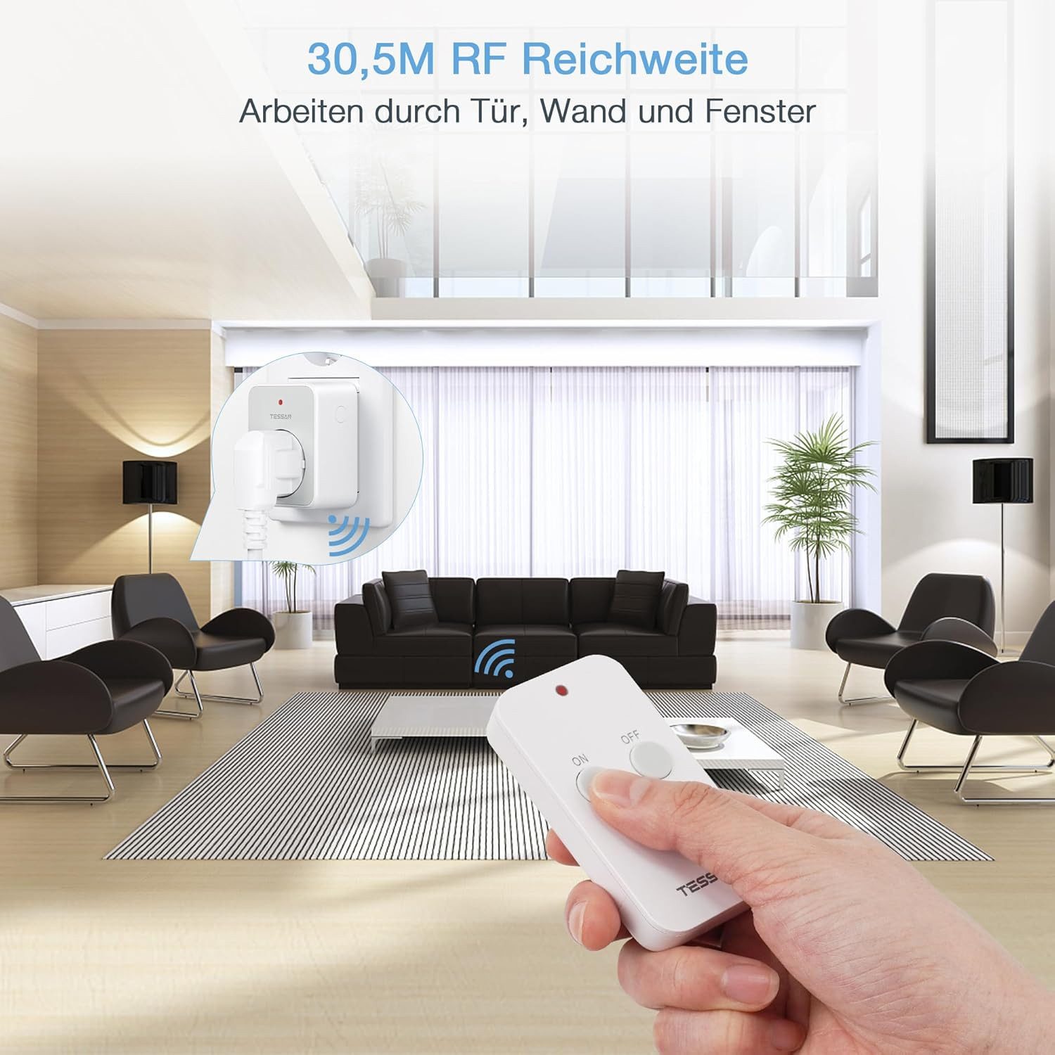 TESSAN Funksteckdose Funksteckdose mit Fernbedienung 30,5M RF Reichweite Magnetische 3600W, max. 3600 W