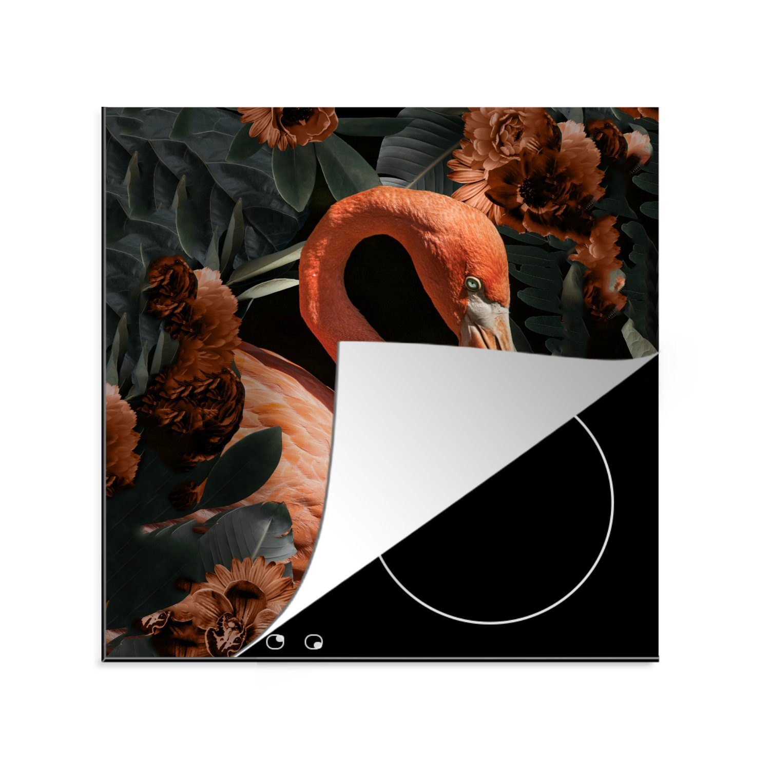 MuchoWow Herdblende-/Abdeckplatte Flamingo - Vogel - Blumen - Blätter, Vinyl, (1 tlg), 78x78 cm, Ceranfeldabdeckung, Arbeitsplatte für küche