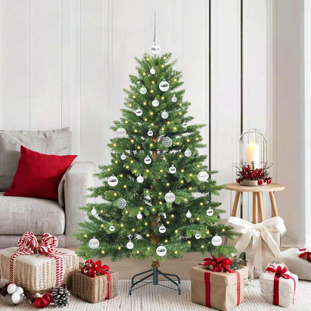 furnicato Künstlicher Weihnachtsbaum Kegelförmige Deko 150 cm in Grün mit warmweißen LED-Lichtern, UV-beständiger Weihnachtsbaum mit USB-Betrieb und 61 Kugeln