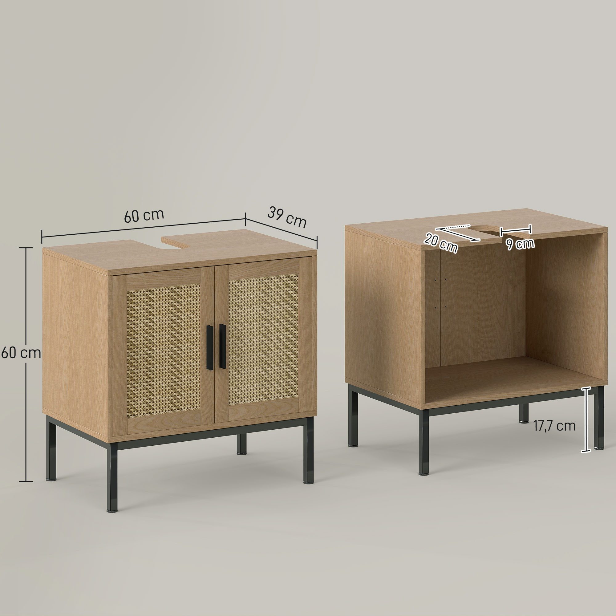 Kleankin Waschbeckenunterschrank Unterschrank mit Schrankfach (Waschtischunterschrank mit Rattanoptik, 1-St., Natur) 60 x 39 x 60 cm