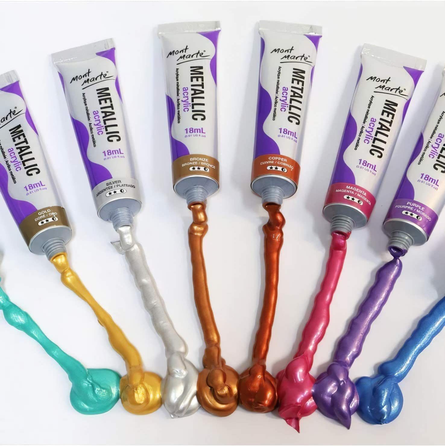 Mont Marte Acrylfarbe Set Metallic 8 × 18 ml Tuben – edle Metalltöne mit schimmerndem Effekt, Wasserbasiert & ideal für Leinwand, Karton, Papier, Ton, Holz, Ste – Bild 4 von 5
