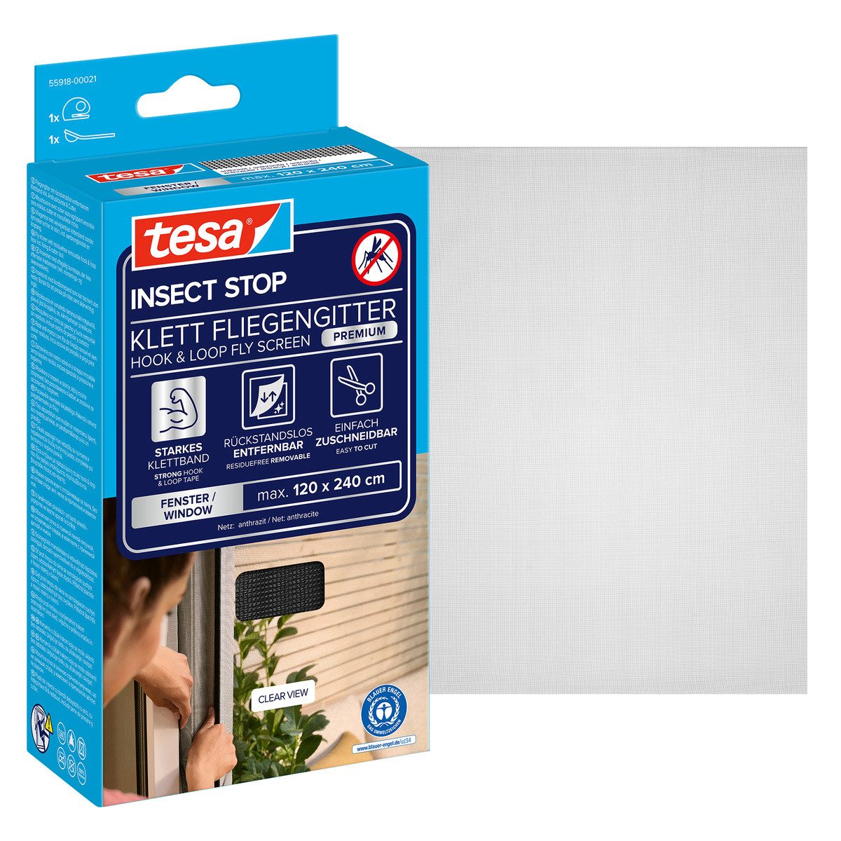 tesa Fliegengitter-Gewebe Premium für Fenster, Insektenschutz mit Klettband - 120 x 240 cm, (Packung, 1-St., Fliegennetz, Klettband, Andrück und Schneidehilfe), Mückenschutz mit starkem Klettband, rückstandsfrei entfernbar