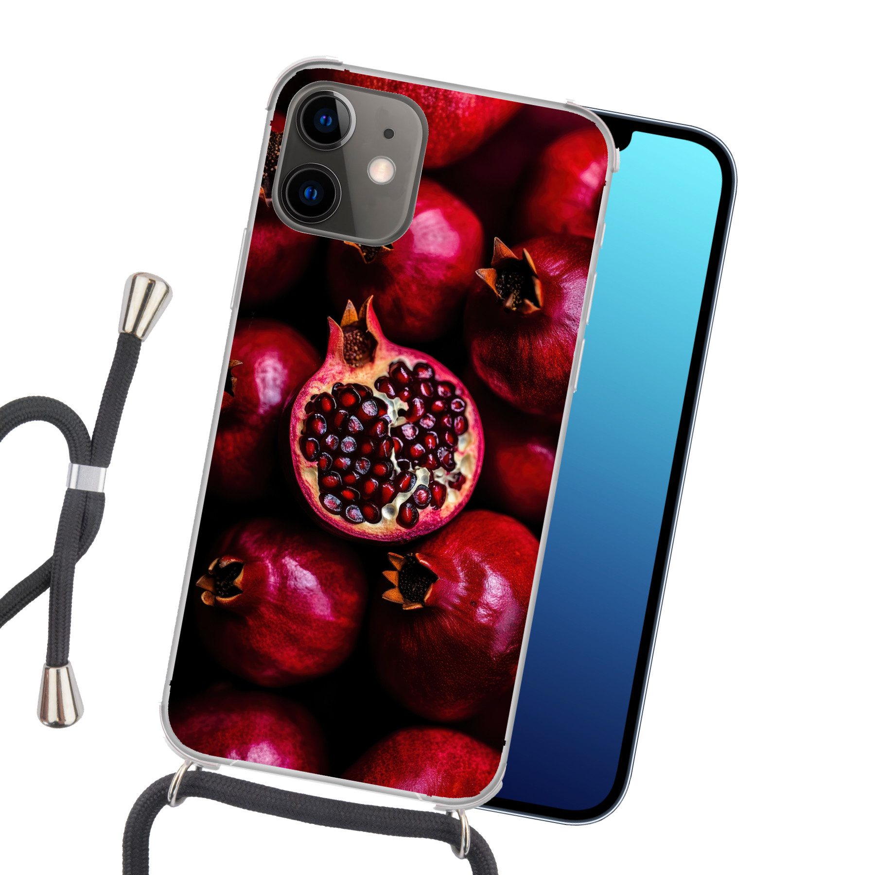 MuchoWow Handyhülle für Apple iPhone 12 Granatapfel - Rot - Obst, Tragbare Handyhüllen mit Kette zum umhängen, Handykette Handyband